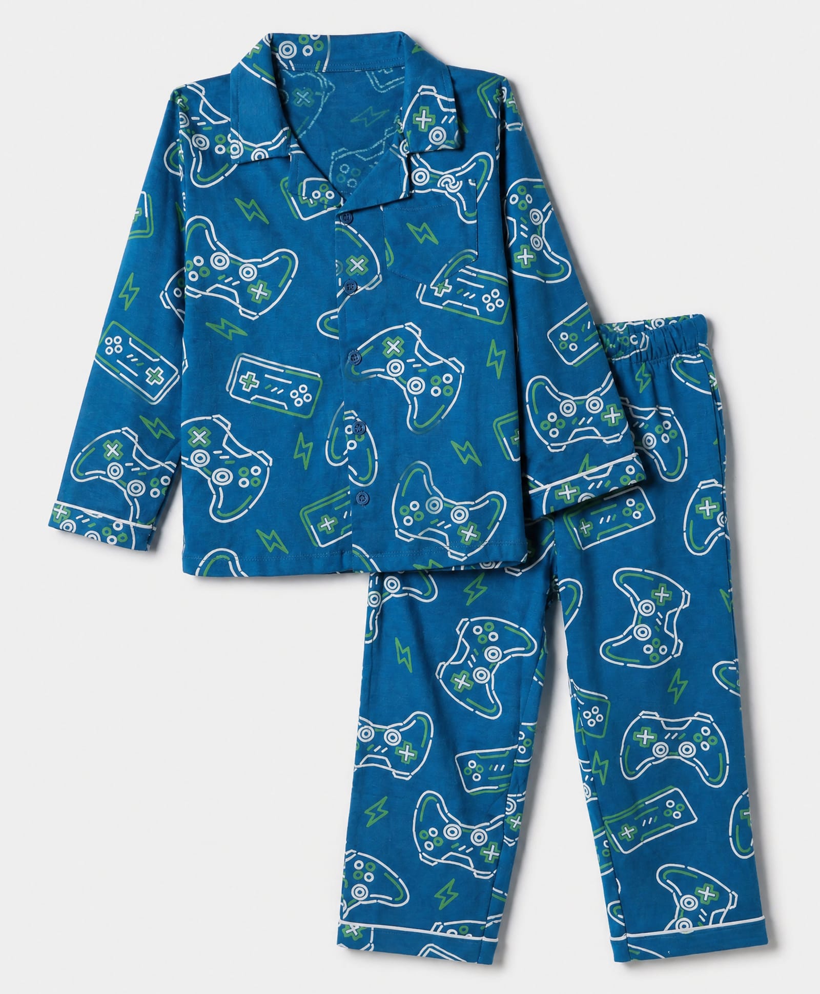 Honeyhap Premium 100% Cotton Knit Single Co-ord Pajama & Shirt Night Suit with Full Sleeves with Bio Finish & Remote Control Print - Myknos-picture-24