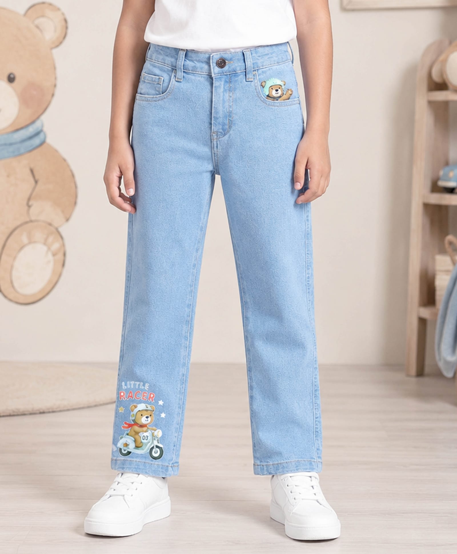 Kiddopanti Denim Woven Little Racer Text & Teddy Printed Washed Jeans - Light Blue-picture-36