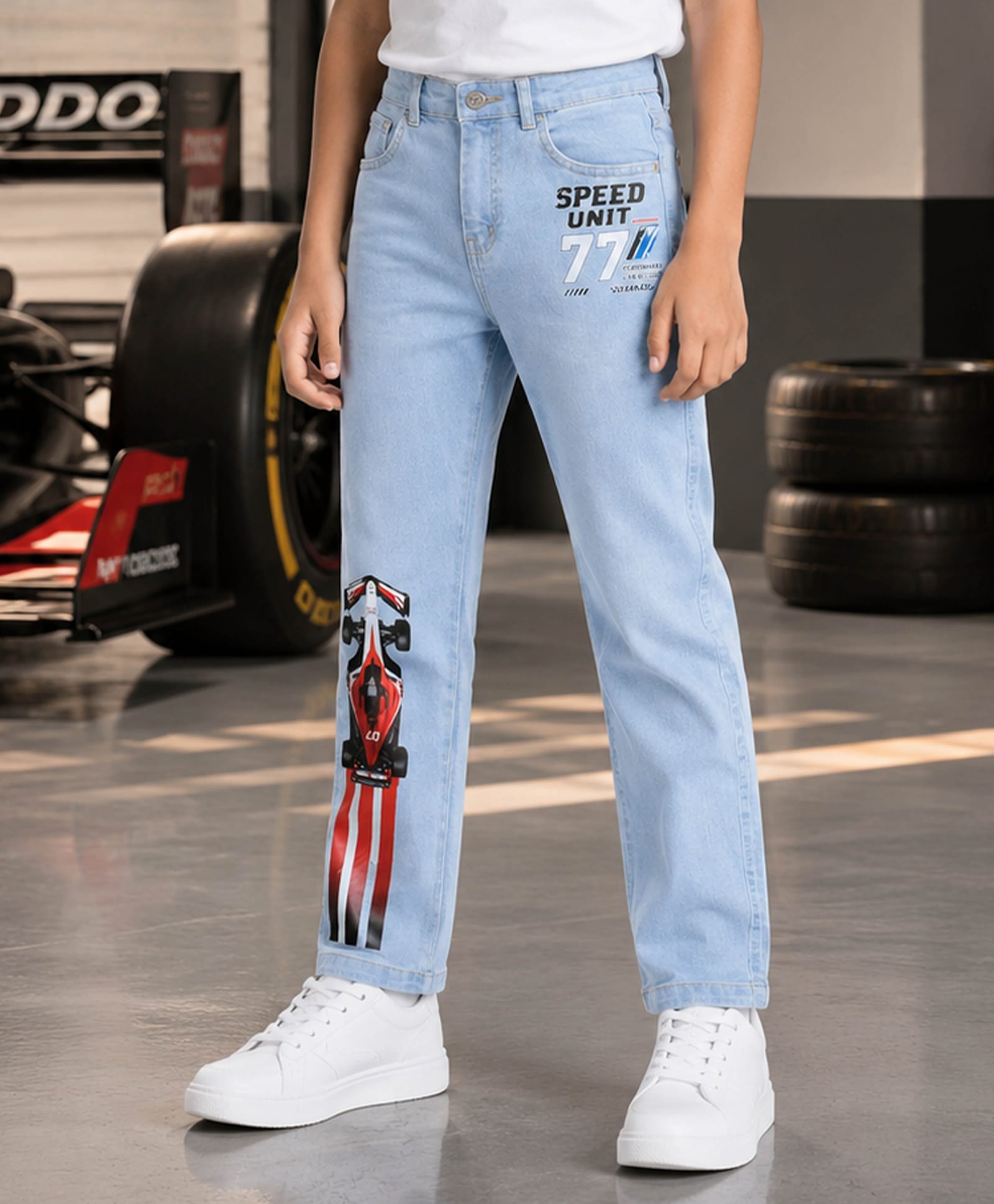 Kiddopanti Denim Woven Speed Unit Text & Racing Car Printed Washed Jeans - Light Blue-picture-17