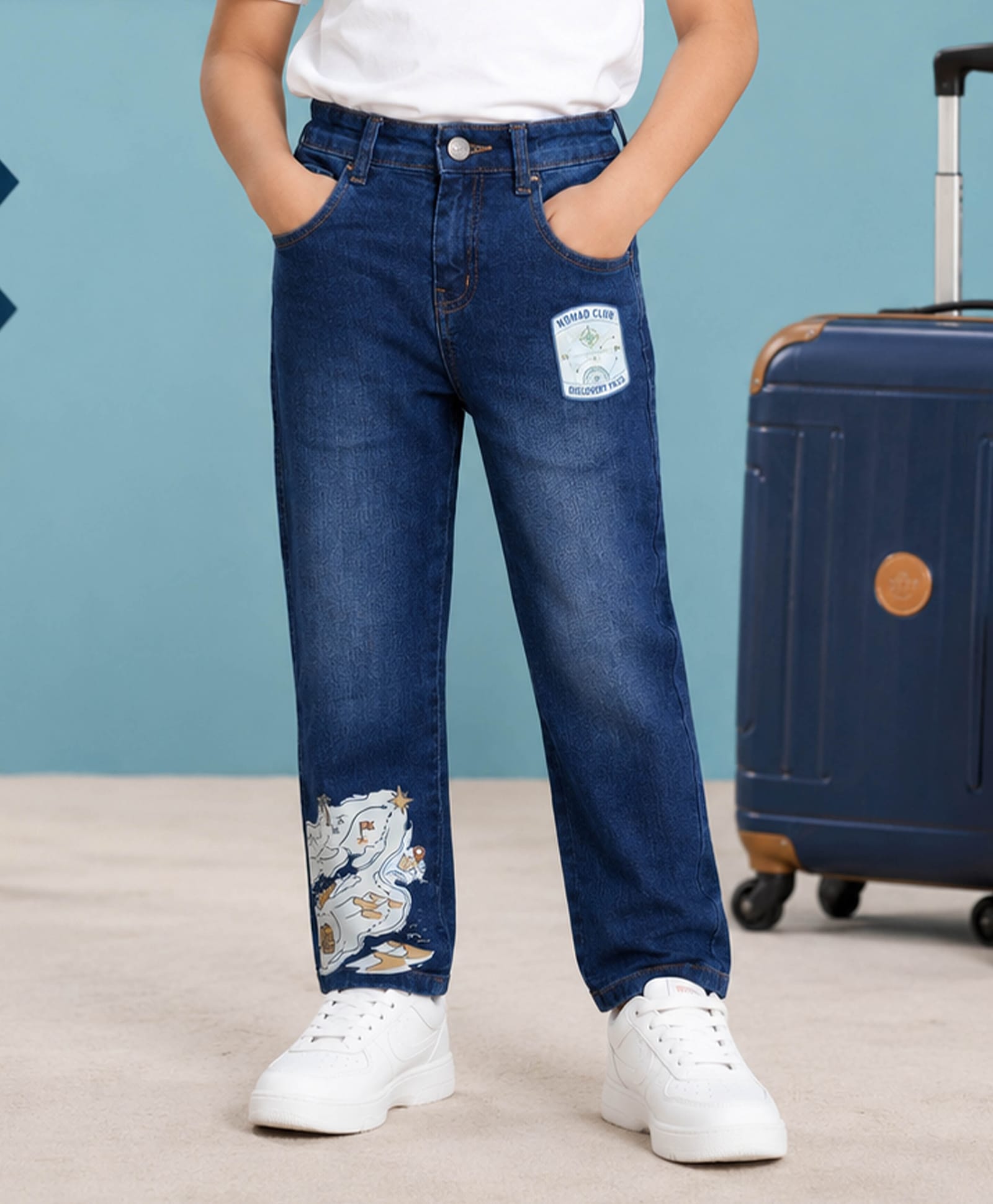 Kiddopanti Denim Woven Nomad Club Text Patch Detailed Washed Jeans - Blue-picture-15