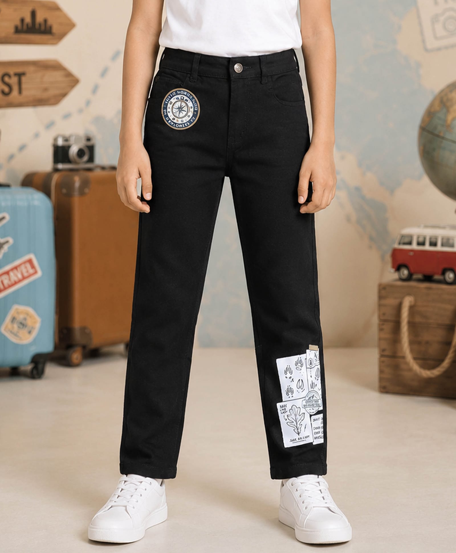 Kiddopanti Denim Woven Compass Patch Detailed Jeans - Black-picture-27