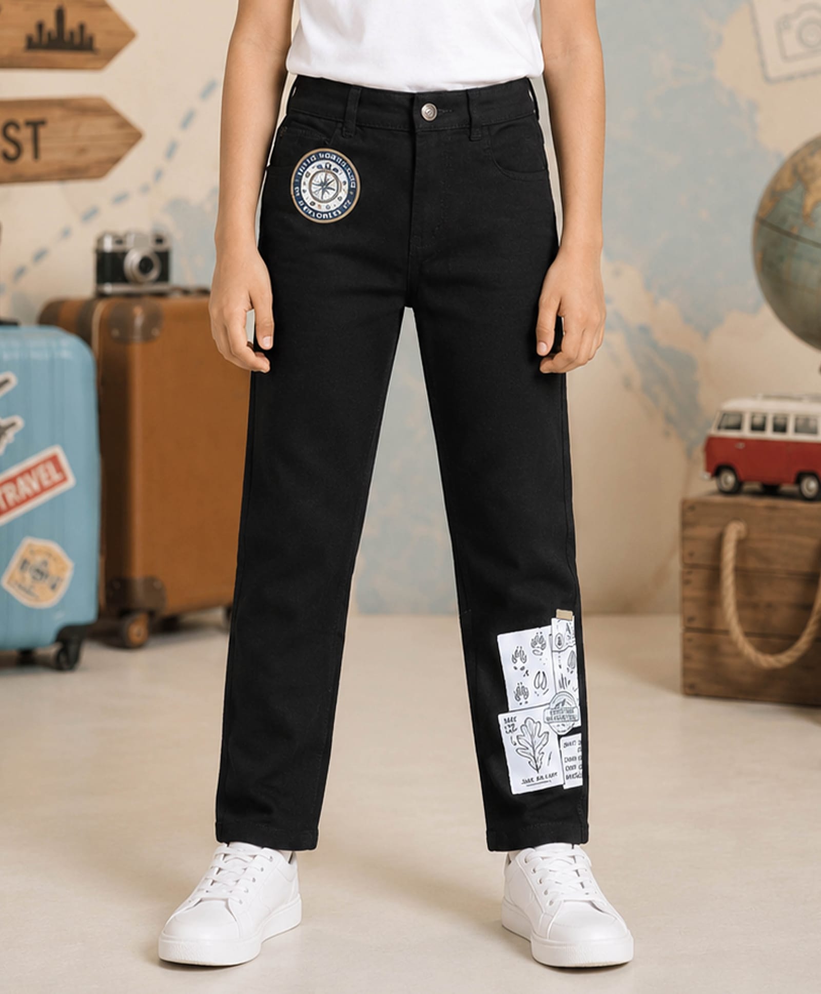 Kiddopanti Denim Woven Compass Patch Detailed Jeans - Black-picture-22
