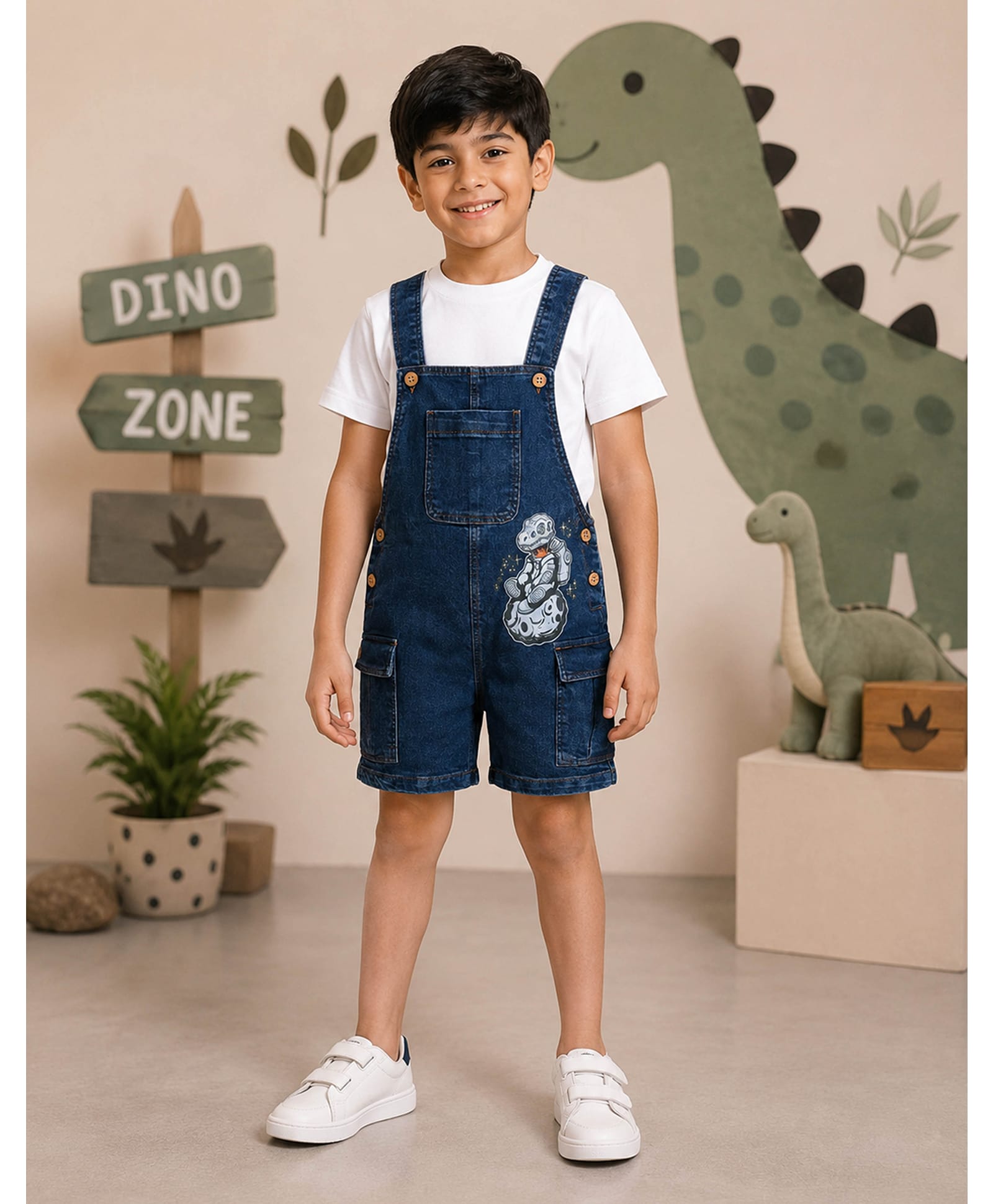 Kiddopanti Denim Woven Sleeveless Astronaut Dinosaur Printed Washed Cargo Dungaree - Dark Blue-picture-23