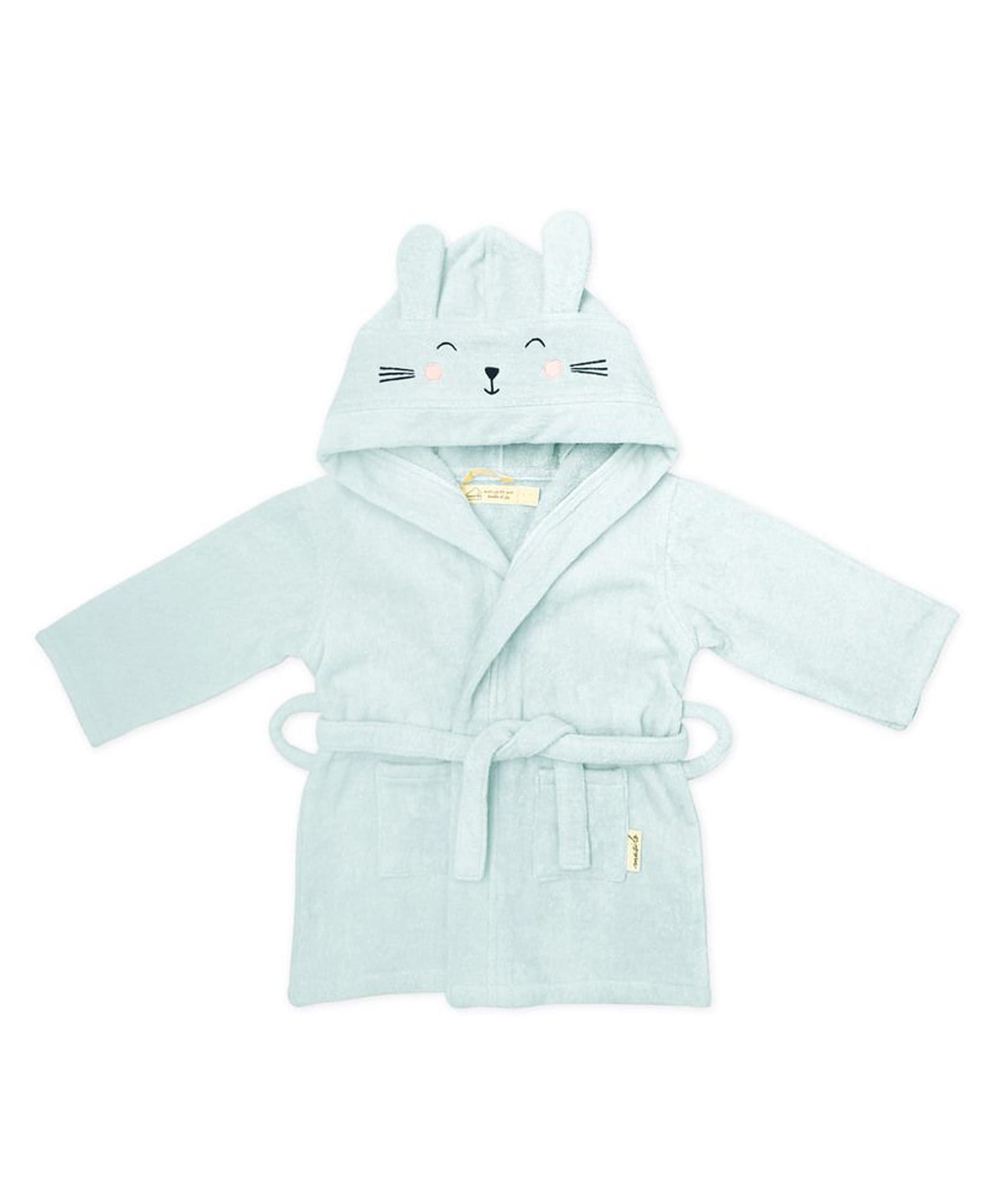 Masilo Cotton Blend Woven Bunny Face Embroidered Hooded Robe With Belt - Mint-image-20