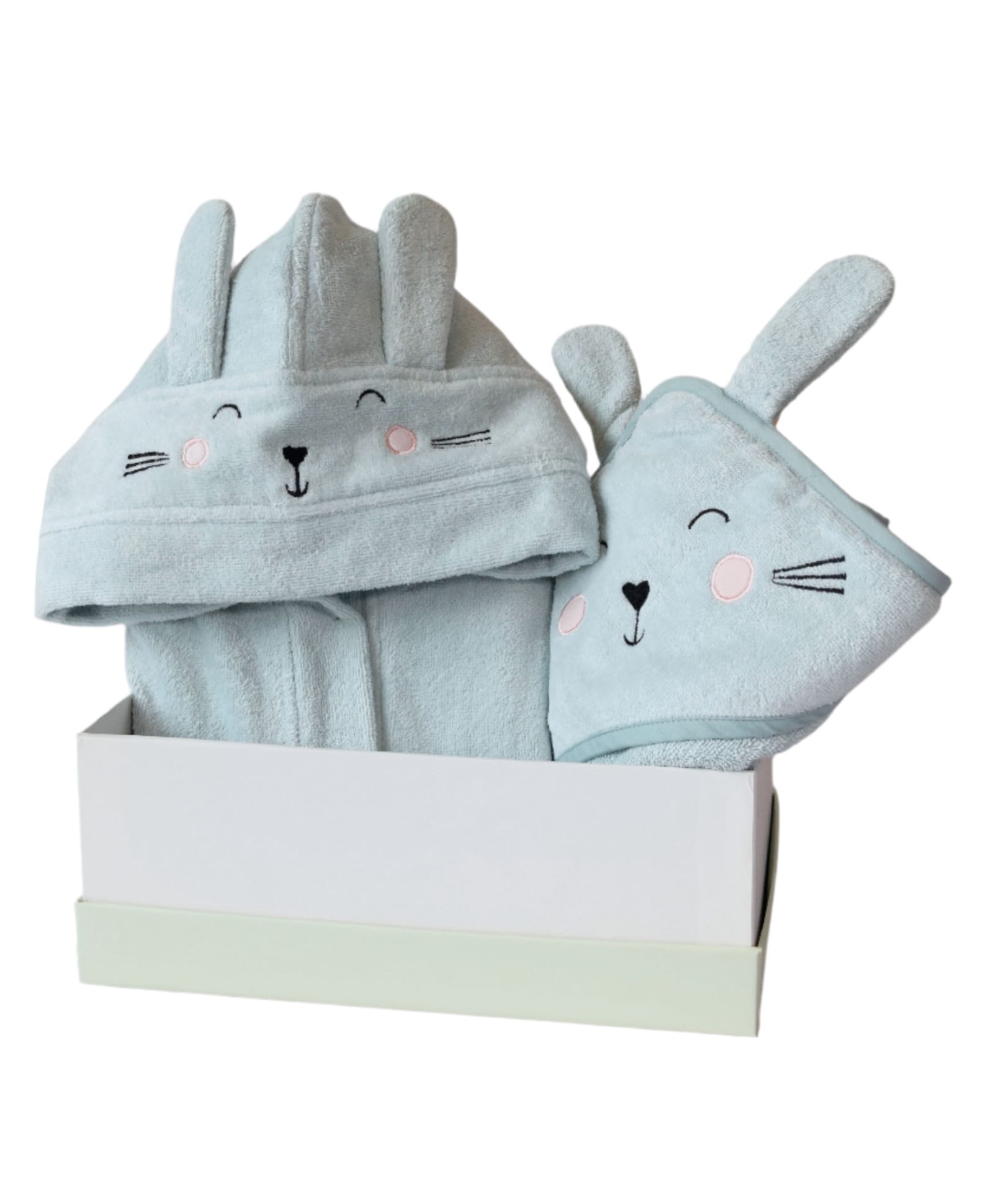 Masilo Cotton Blend Woven Pack Of 2 Bunny Face Embroidered Hooded Towel & Robe With Belt - Mint-image-2