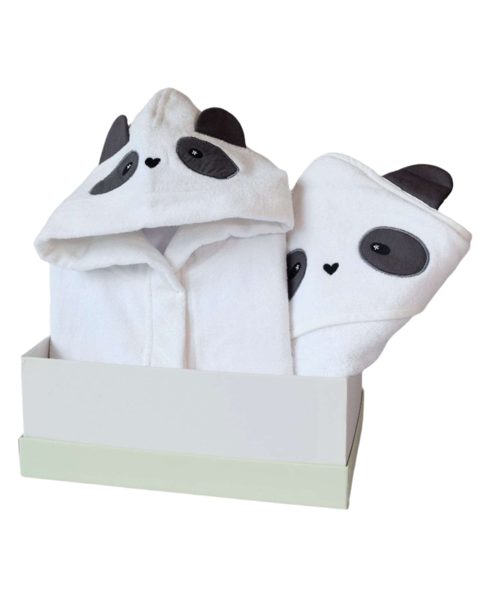 Masilo Cotton Blend Woven Pack Of 2 Panda Face Embroidered Hooded Towel & Robe With Belt - White-image-8