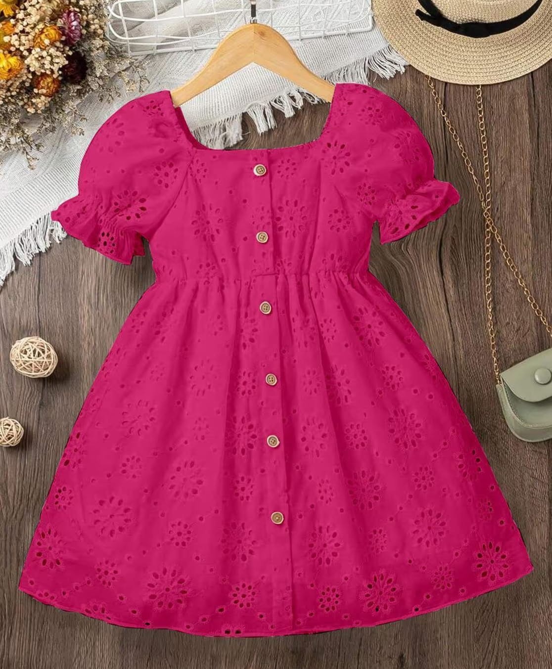 FOSTRIC Cotton Woven Puffed Sleeves Schiffli Embroidered Dress - Pink-image-40