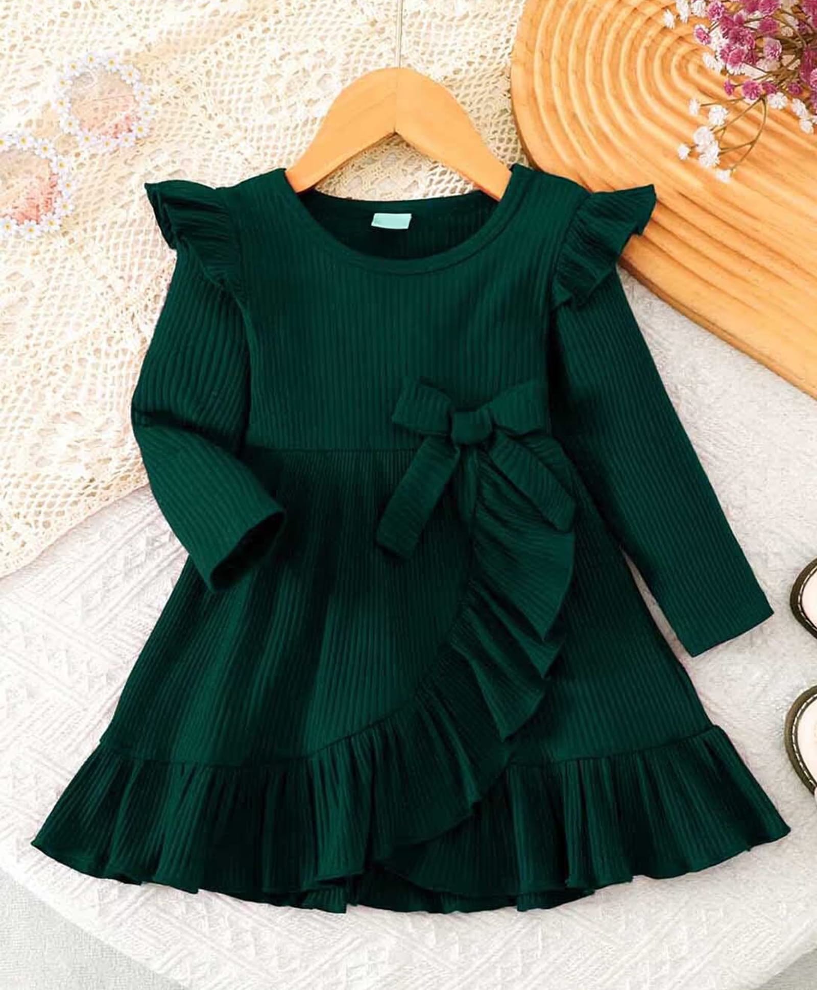 FOSTRIC Cotton Knit Full Sleeves Frill & Bow Applique Detailed Dress - Dark Green-image-37