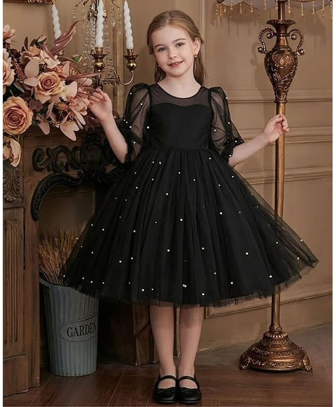 FOSTRIC Net Woven Half Puffed Sleeves Pearl Embellished Dress - Black-image-33