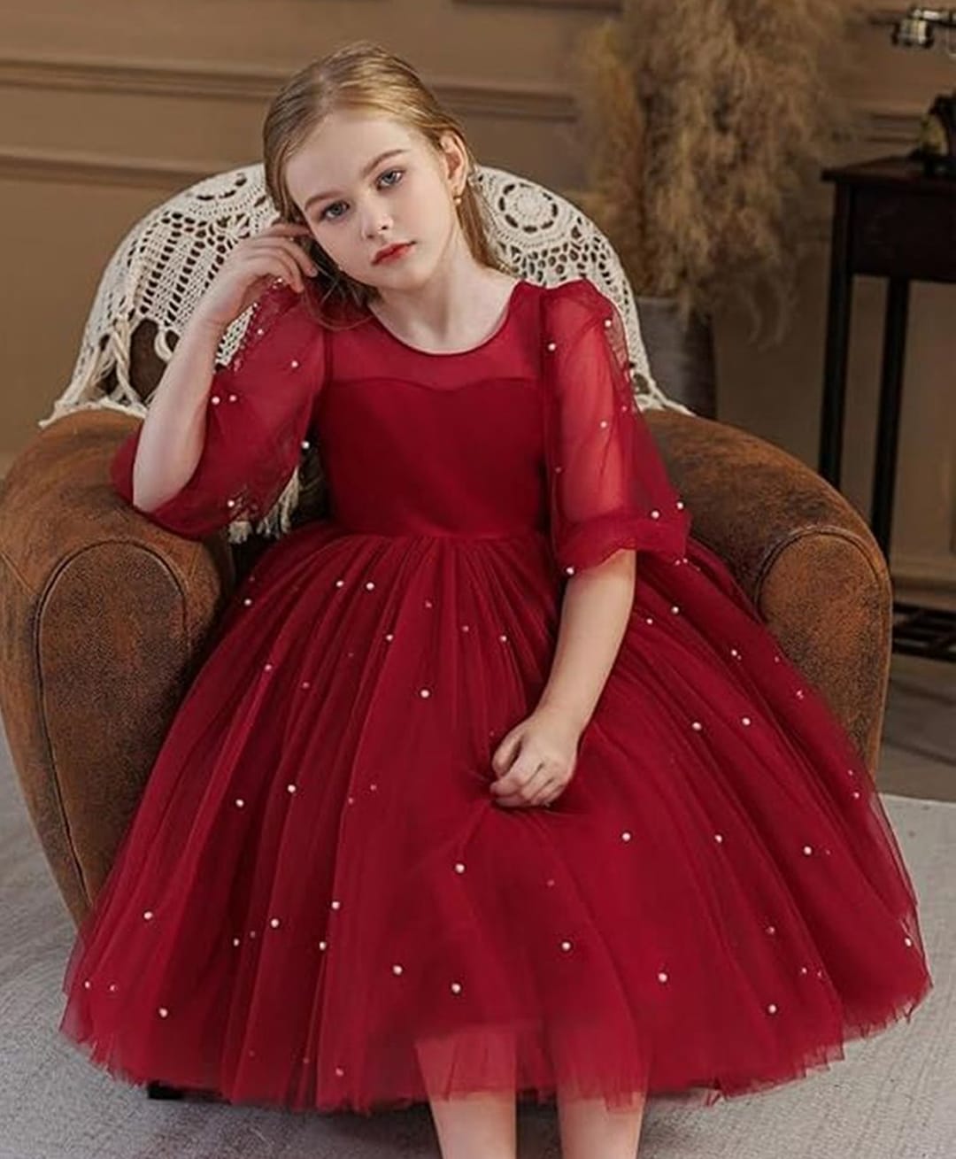 FOSTRIC Net Woven Half Puffed Sleeves Pearl Embellished Dress - Maroon-picture-24