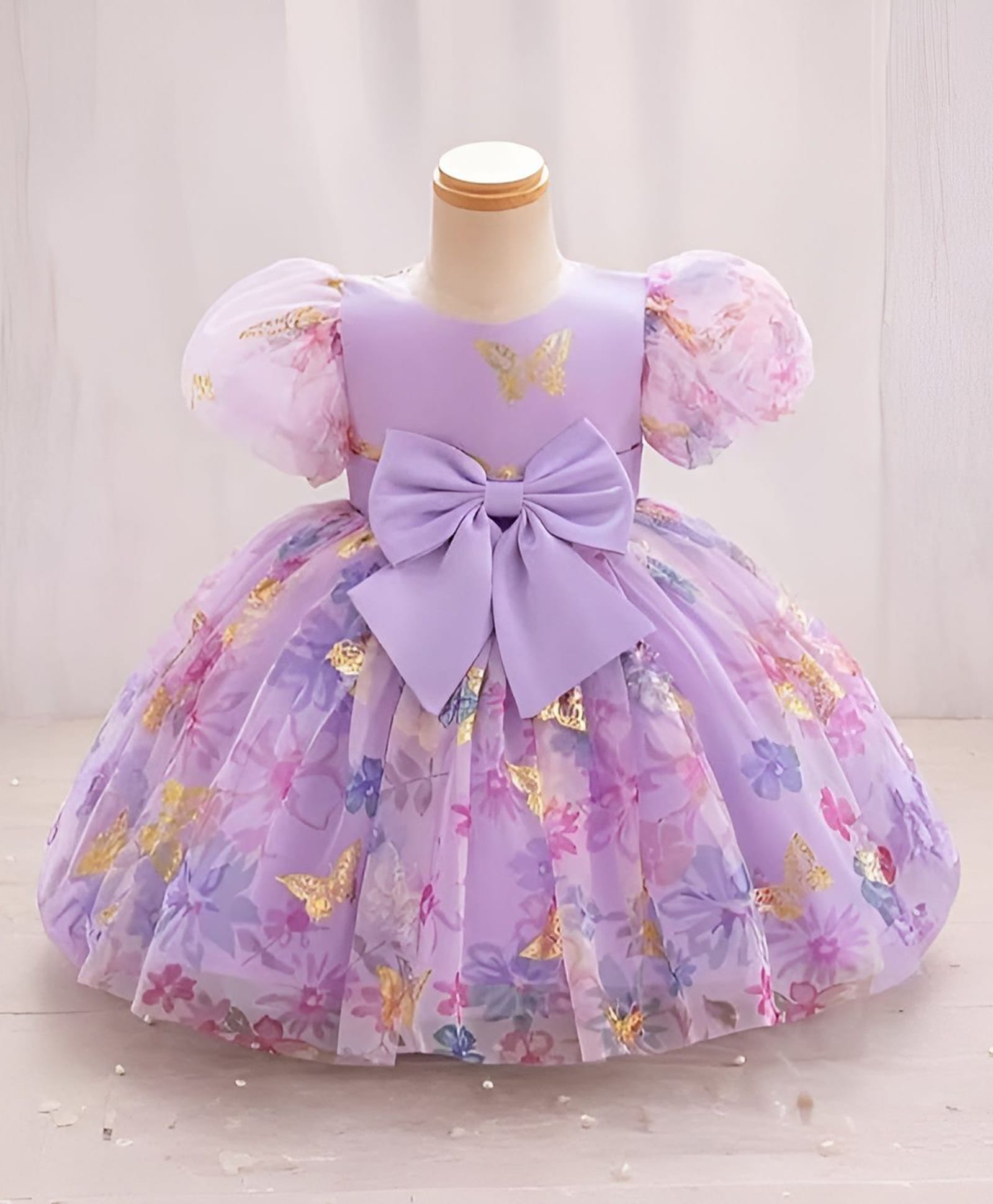 FOSTRIC Cotton Woven Half Puffed Sleeves Floral Printed & Bow Applique Detailed Dress - Purple-image-15