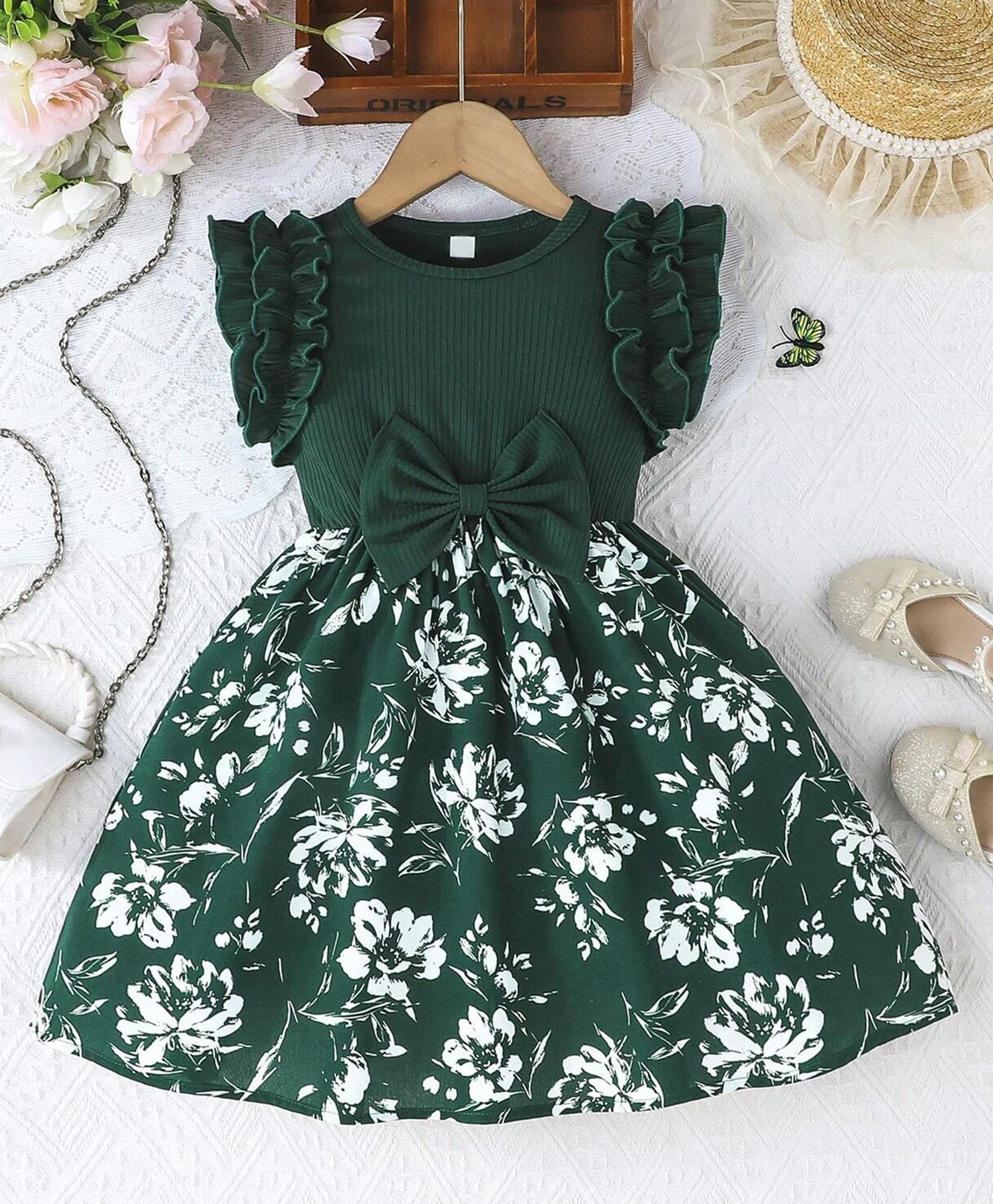 FOSTRIC Lycra Woven Cap Sleeves Frill Detailed & Floral Printed Dress - Green-image-26