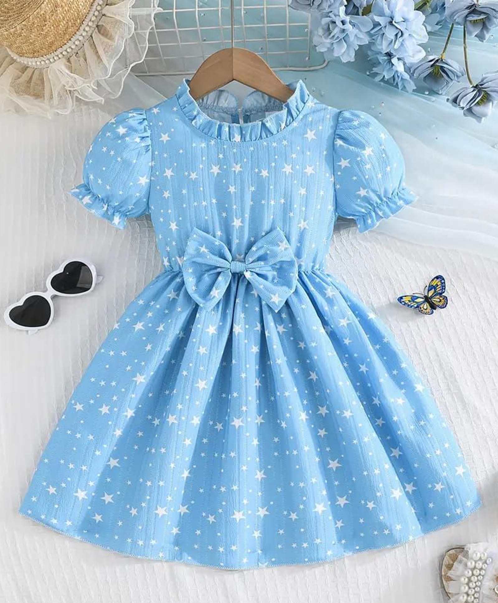 FOSTRIC Cotton Blend Woven Half Puffed Sleeves Bow Applique Detailed & Star Printed Dress - Blue-image-37