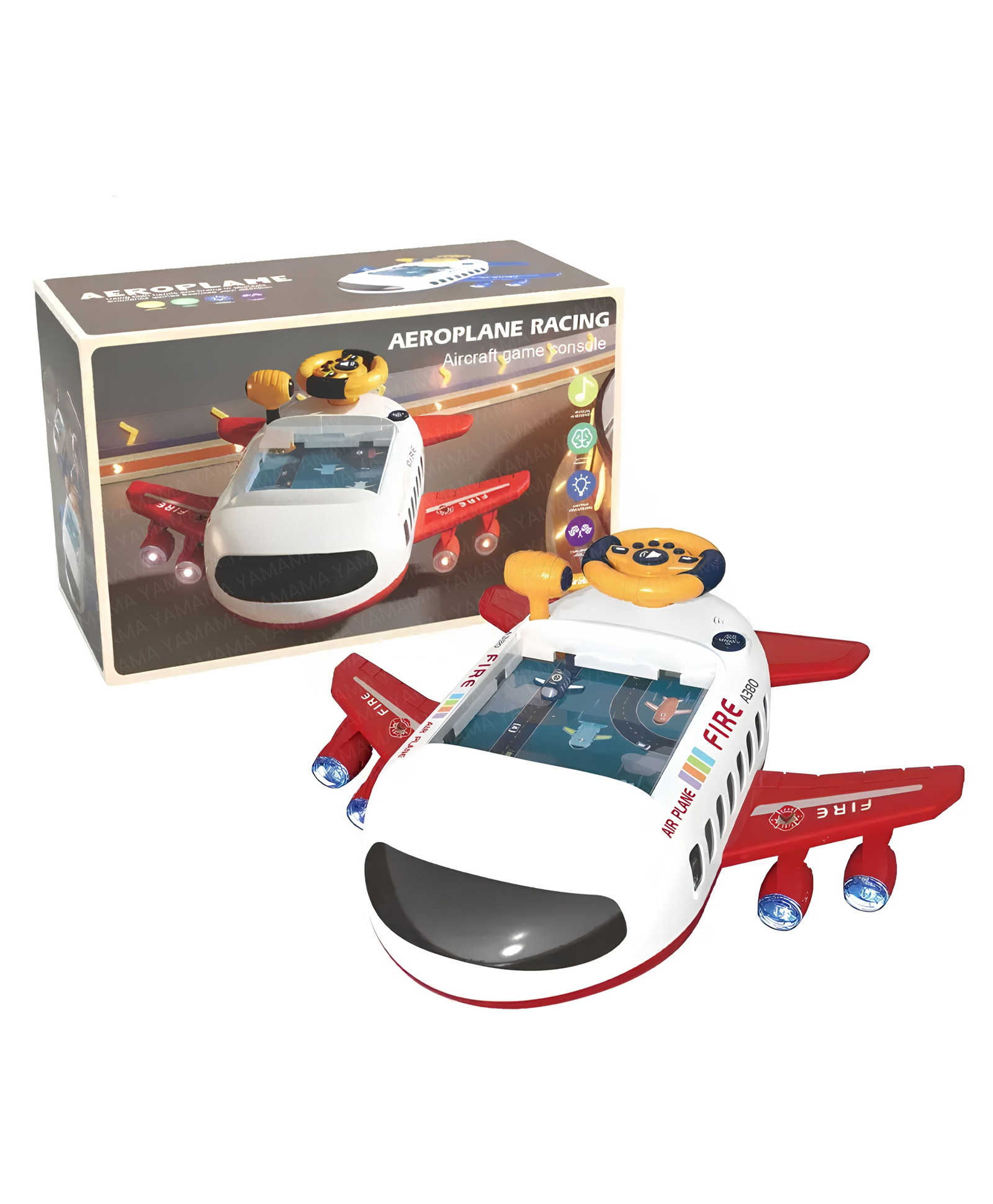 YAMAMA Aeroplane Racing Aircraft Game Console Toys for Kids, Premium Interlocking Mechanical Steering Wheel Simulation Adventure, Steering Control Screen Game, Dynamic Sounds & Lights - White & Red-image-35