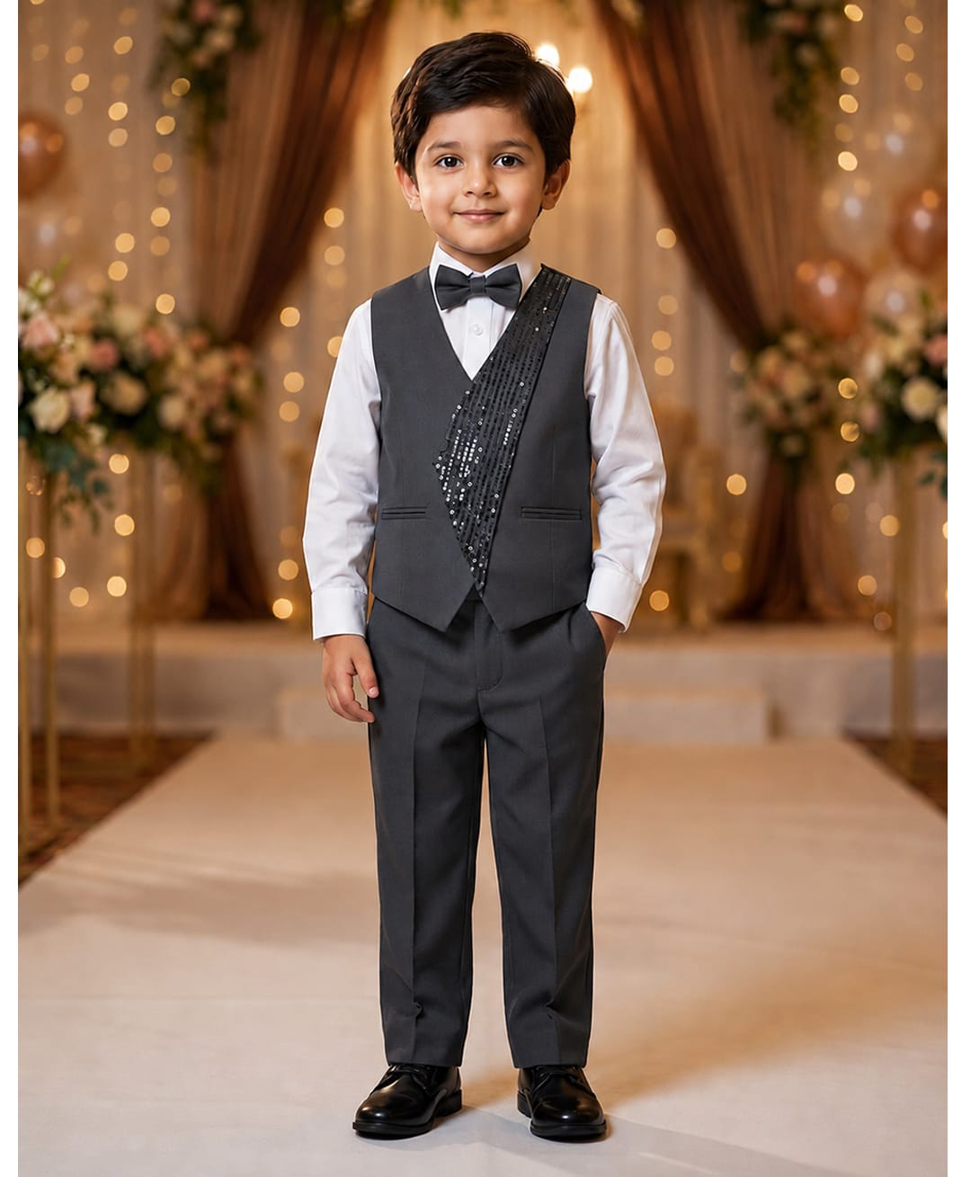 Rikidoos Cotton Woven Full Sleeve 3 Piece Party Suits With Sequin Detailing & Bow - Dark Grey & White-image-47