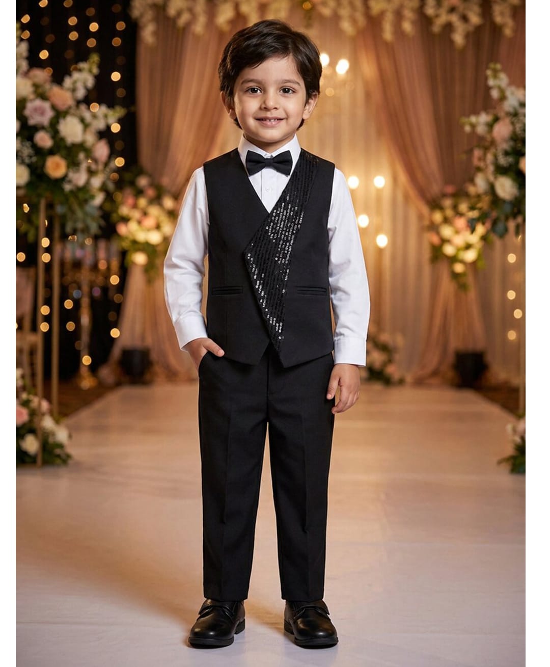 Rikidoos Cotton Woven Full Sleeve 3 Piece Party Suits With Sequin Detailing & Bow - Black & White-picture-15