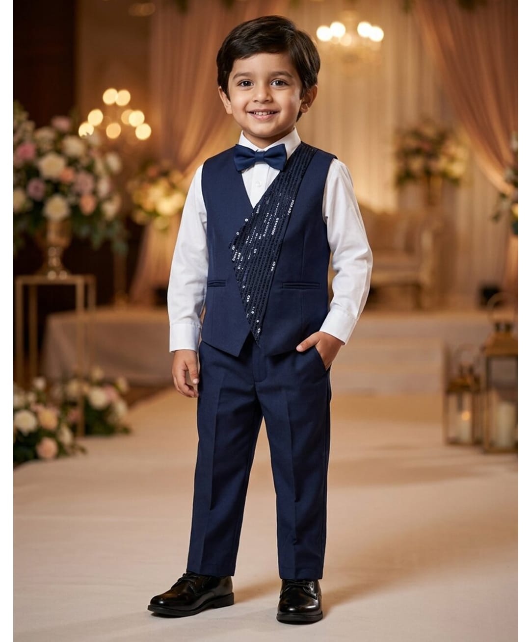 Rikidoos Cotton Woven Full Sleeve 3 Piece Party Suits With Sequin Detailing & Bow - Navy & White-picture-0