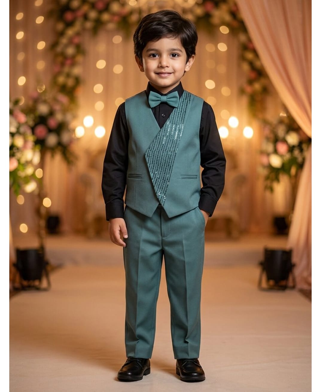 Rikidoos Cotton Woven Full Sleeve 3 Piece Party Suits With Sequin Detailing & Bow - Light Green & White-picture-28
