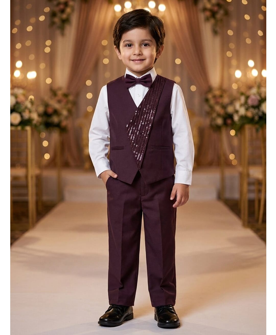 Rikidoos Cotton Woven Full Sleeve 3 Piece Party Suits With Sequin Detailing & Bow - Wine & White-image-40