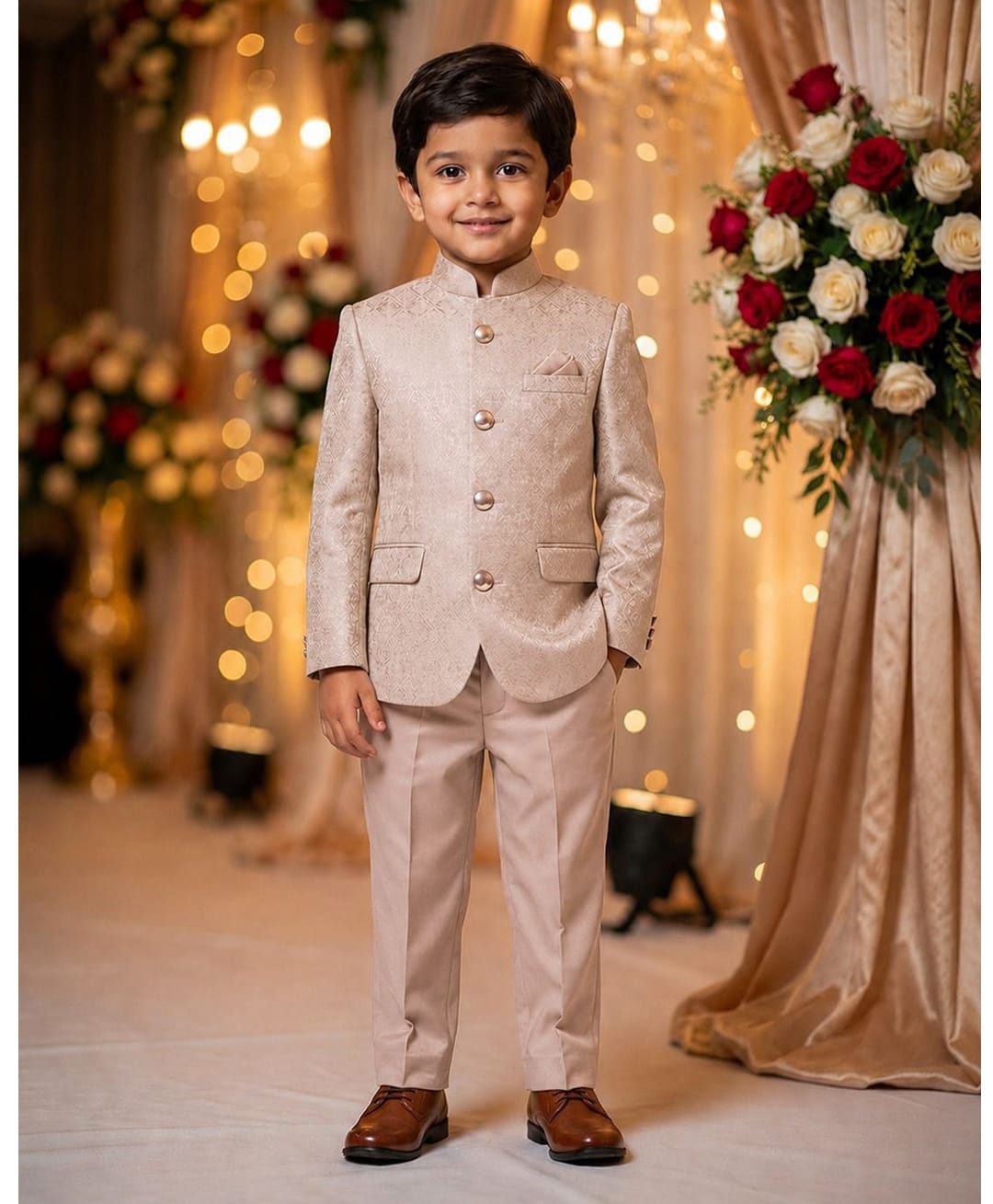 Rikidoos Cotton Silk Woven Full Sleeve Textured Jodhapuri Pocket Square Detailing Coat With Pant - Peach-picture-26