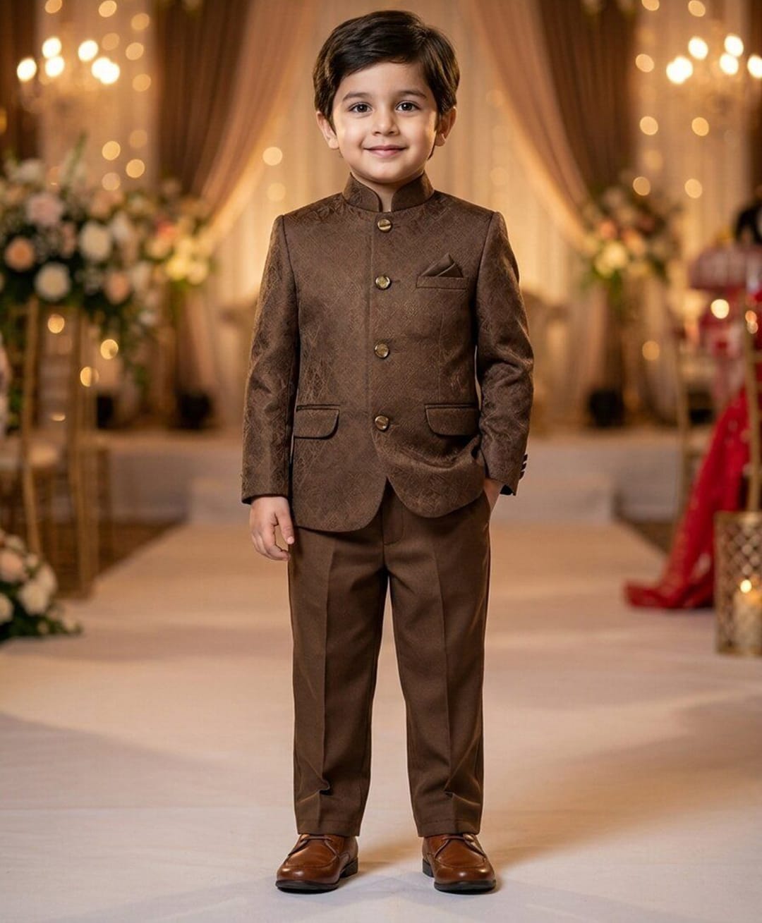 Rikidoos Cotton Silk Woven Full Sleeve Textured Jodhapuri Pocket Square Detailing Coat With Pant - Brown-picture-22