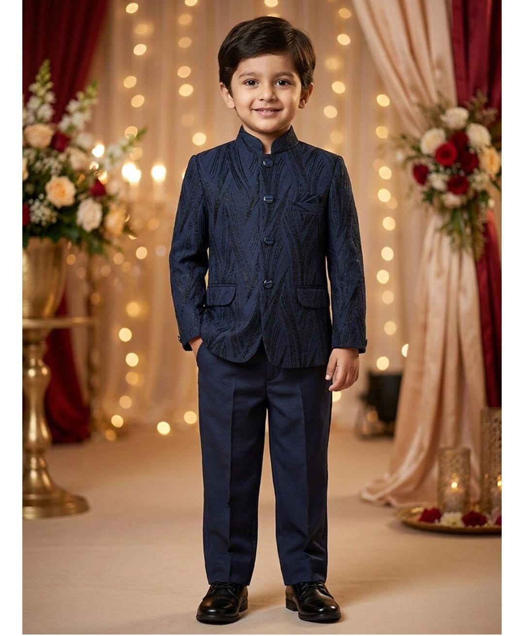 Rikidoos Cotton Silk Woven Full Sleeve Textured Jodhapuri Pocket Square Detailing Coat With Pant - Navy Blue-picture-2