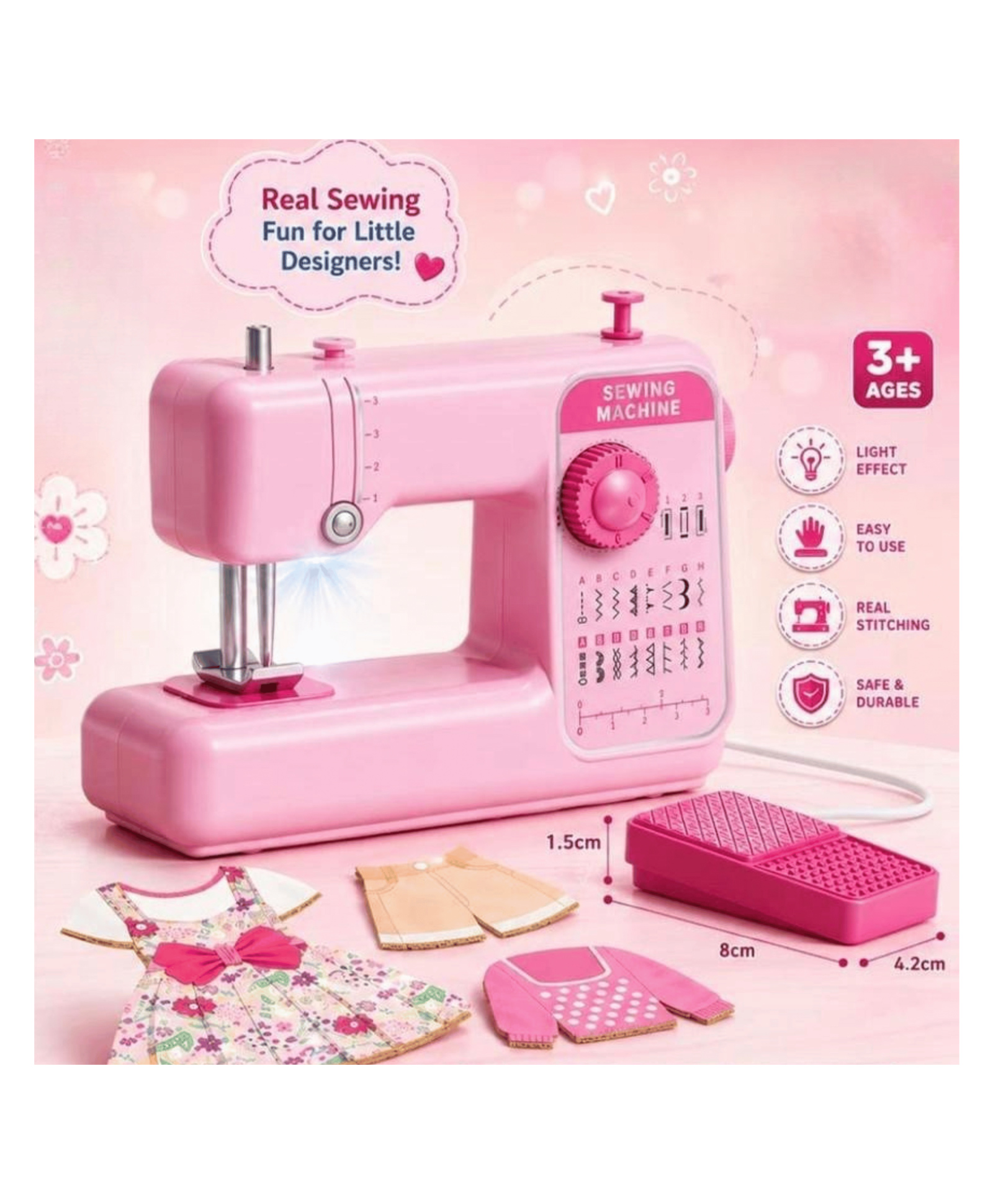 YAMAMA My First Sewing Machine Toy for Kids, Real Stitch Mini Sewing Machine with Light, Foot Pedal, Fabric Accessories & DIY Fashion Kit, Educational Pretend Play Toy for Girls - Pink-image-3