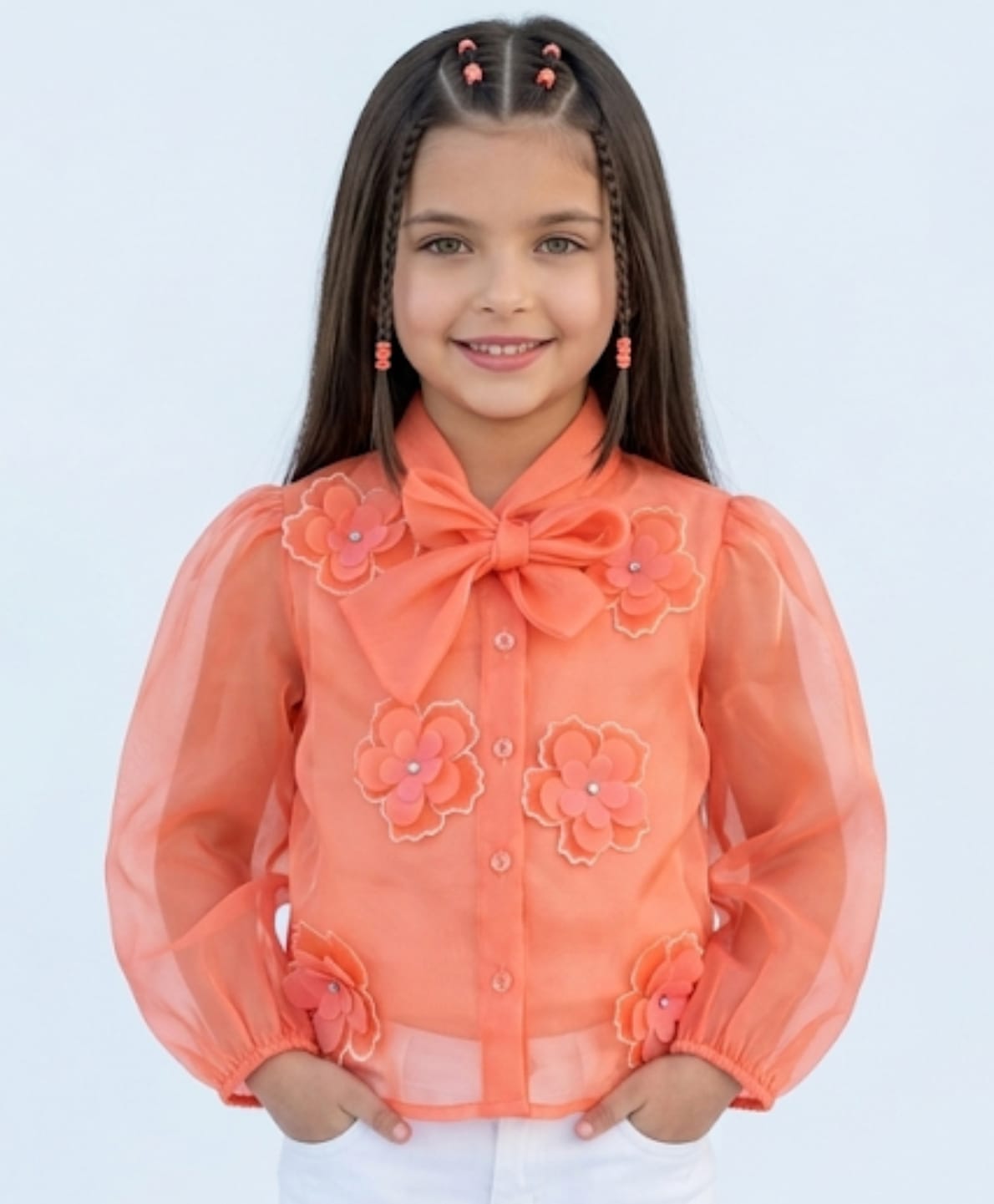 Tiny Girl Woven Full Puffed Sleeves Bow & Floral Applique Detailed Top With Inner Tee - Orange-picture-23