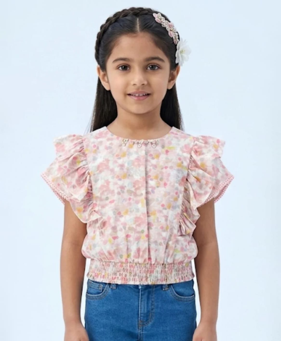 Tiny Girl Woven Frill Sleeves Stones Embellished Abstract Printed Top - Peach-picture-27