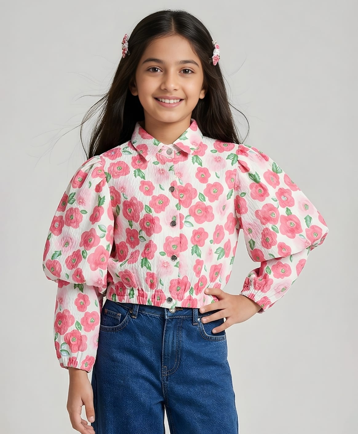 Tiny Girl Woven Full Balloon Sleeves Floral Printed Shirt Style Top - Pink-image-13