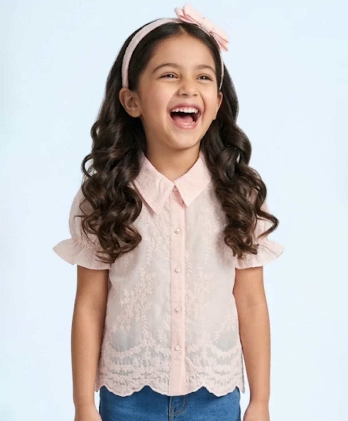 Tiny Girl Cotton Woven Half Puffed Sleeves Floral Embroidered Shirt Style Top - Peach-picture-30