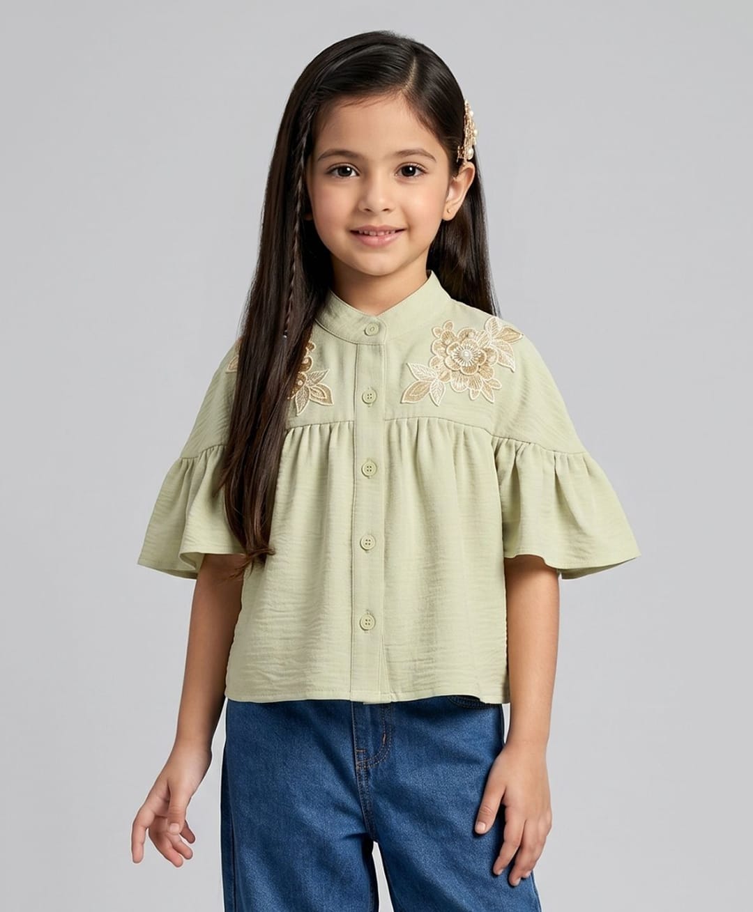 Tiny Girl Woven Half Sleeves Floral Patch Detailed Top - Green-picture-29