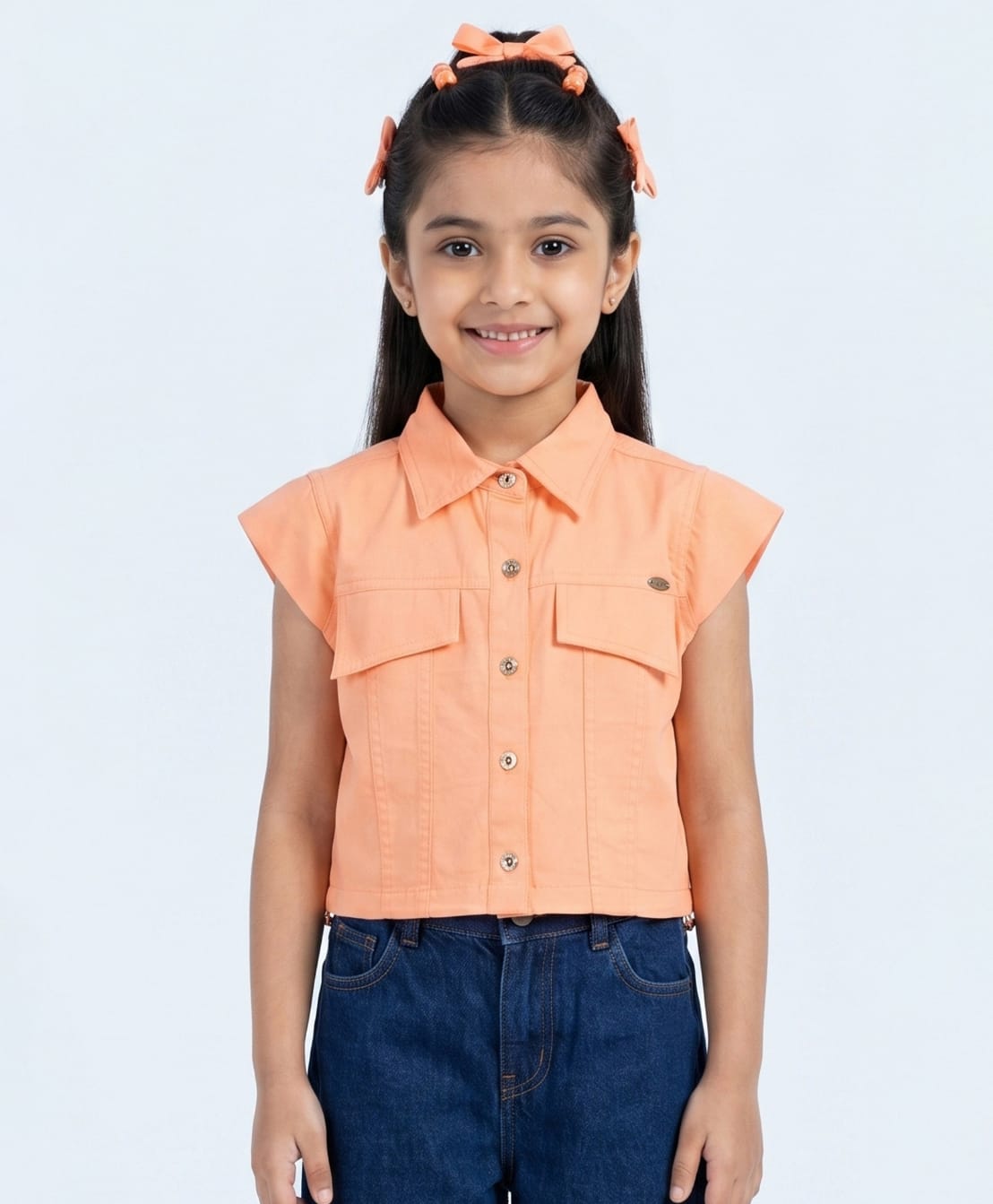 Tiny Girl Woven Cap Sleeves Solid Shirt Style Top - Peach-picture-21