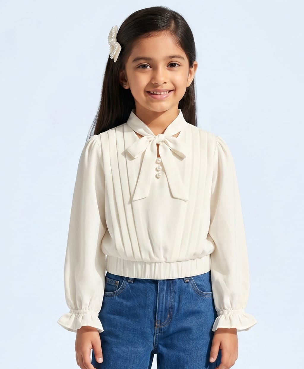 Tiny Girl Woven Full Sleeves Pearls Embellished Tie Up Detailed Top - Off White-picture-26