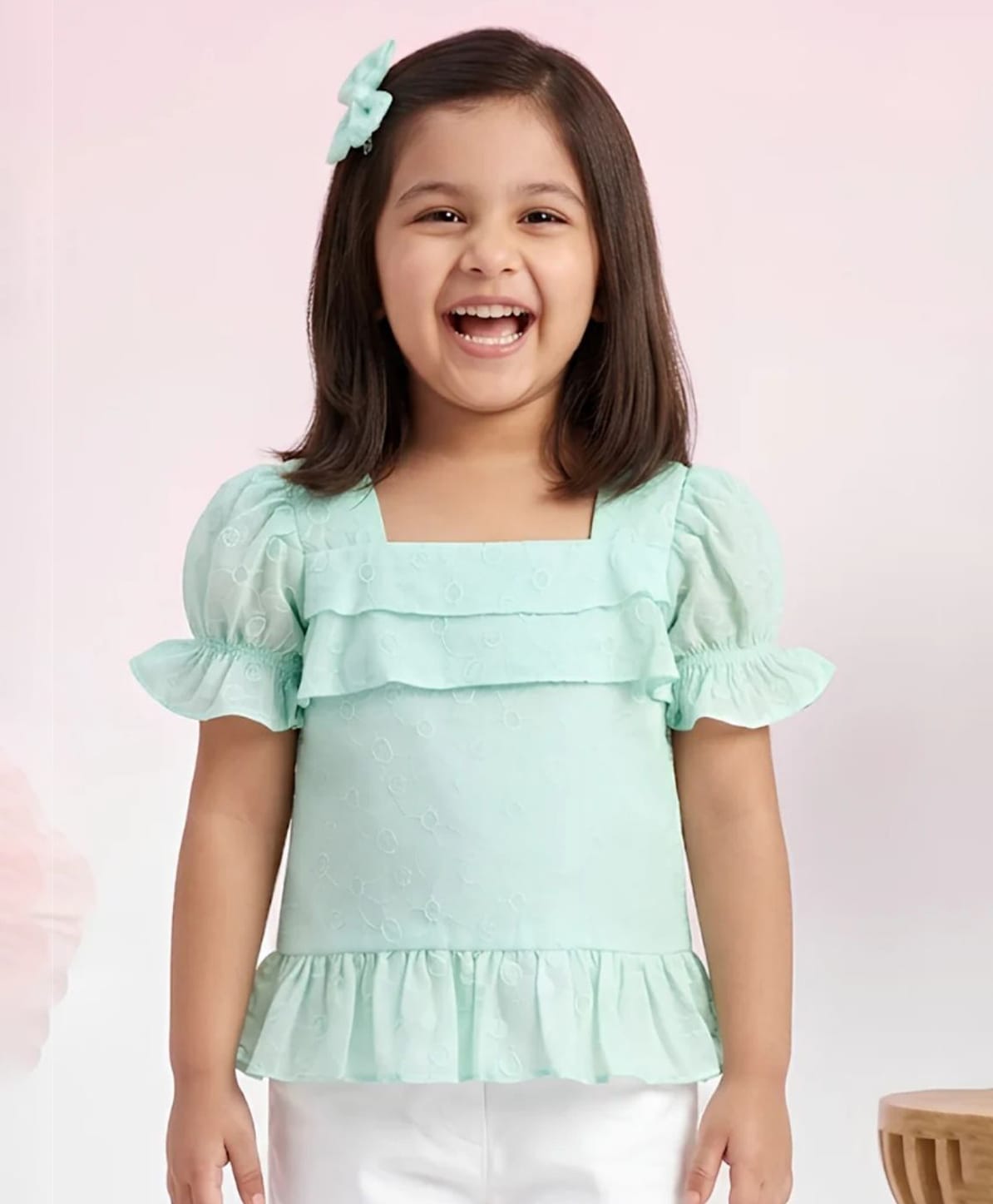 Tiny Girl Cotton Woven Half Puffed Sleeves Floral Embroidered Peplum Top - Blue-picture-31