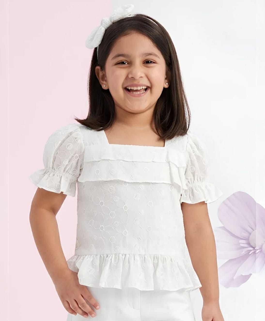 Tiny Girl Cotton Woven Half Puffed Sleeves Floral Embroidered Top - White-picture-40
