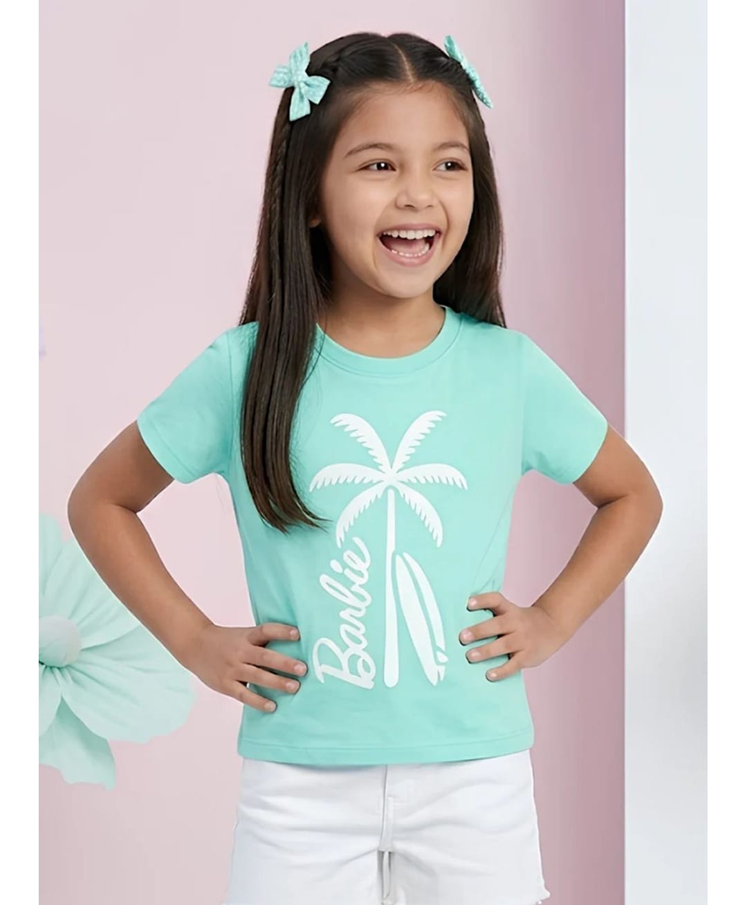 Barbie By Tiny Girl Cotton Knit Mattel Featuring Half Sleeves Barbie Text Printed Top - Aqua Blue-picture-26