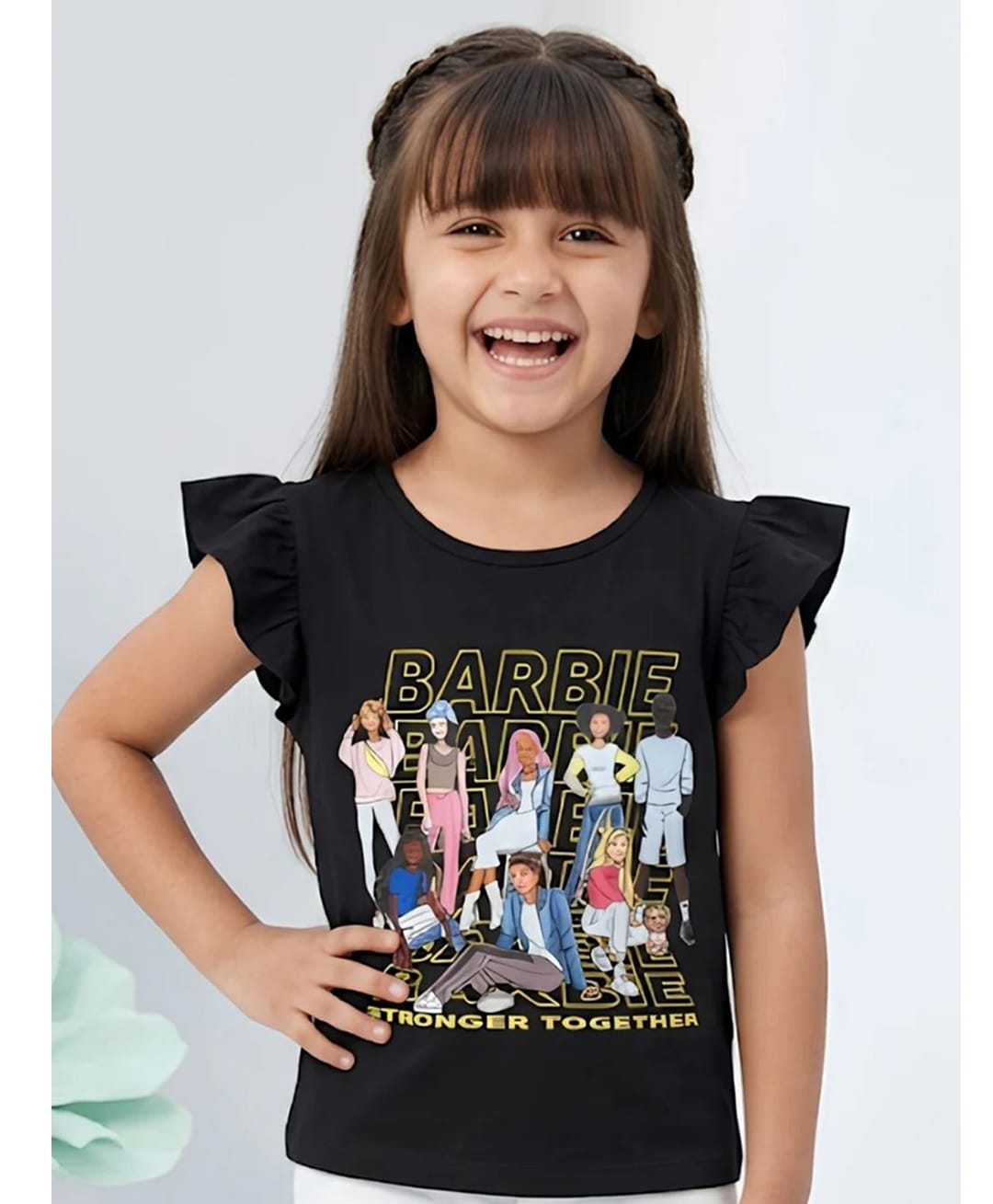 Barbie By Tiny Girl Cotton Knit Mattel Featuring Frill Sleeves Barbie & Stronger Together Text Printed Top - Black-picture-7