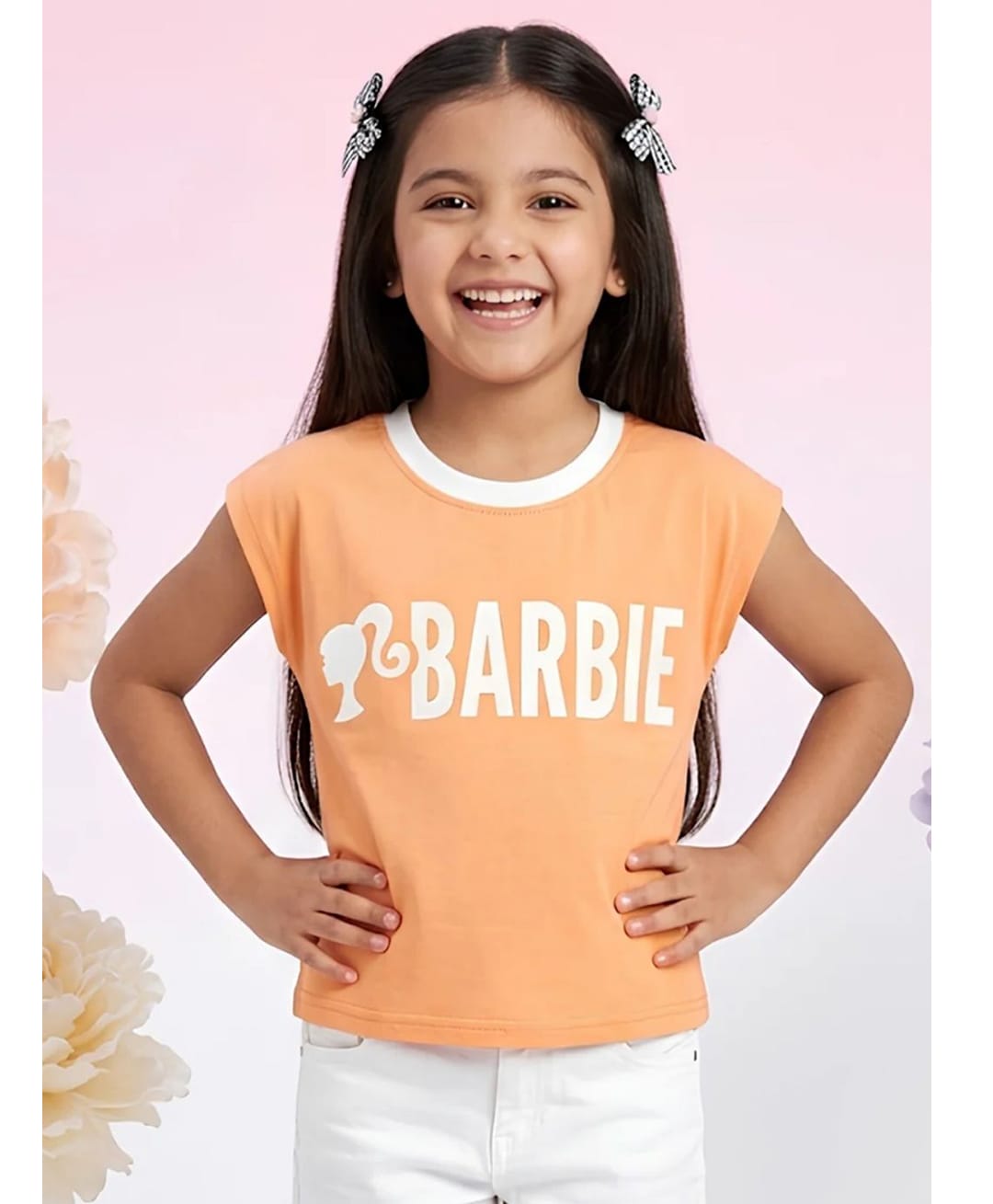 Barbie By Tiny Girl Cotton Knit Mattel Featuring Half Sleeves Barbie Text Printed Top - Peach-picture-9