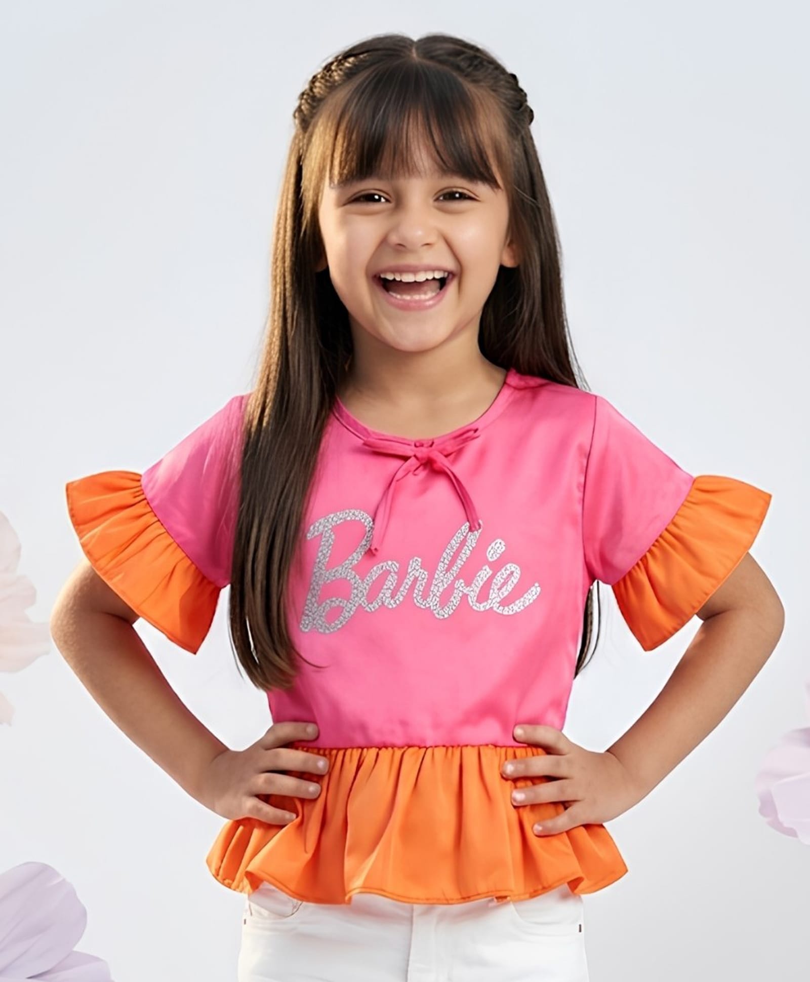 Barbie By Tiny Girl Woven Mattel Featuring Half Sleeves Barbie Printed Top - Orange-picture-0