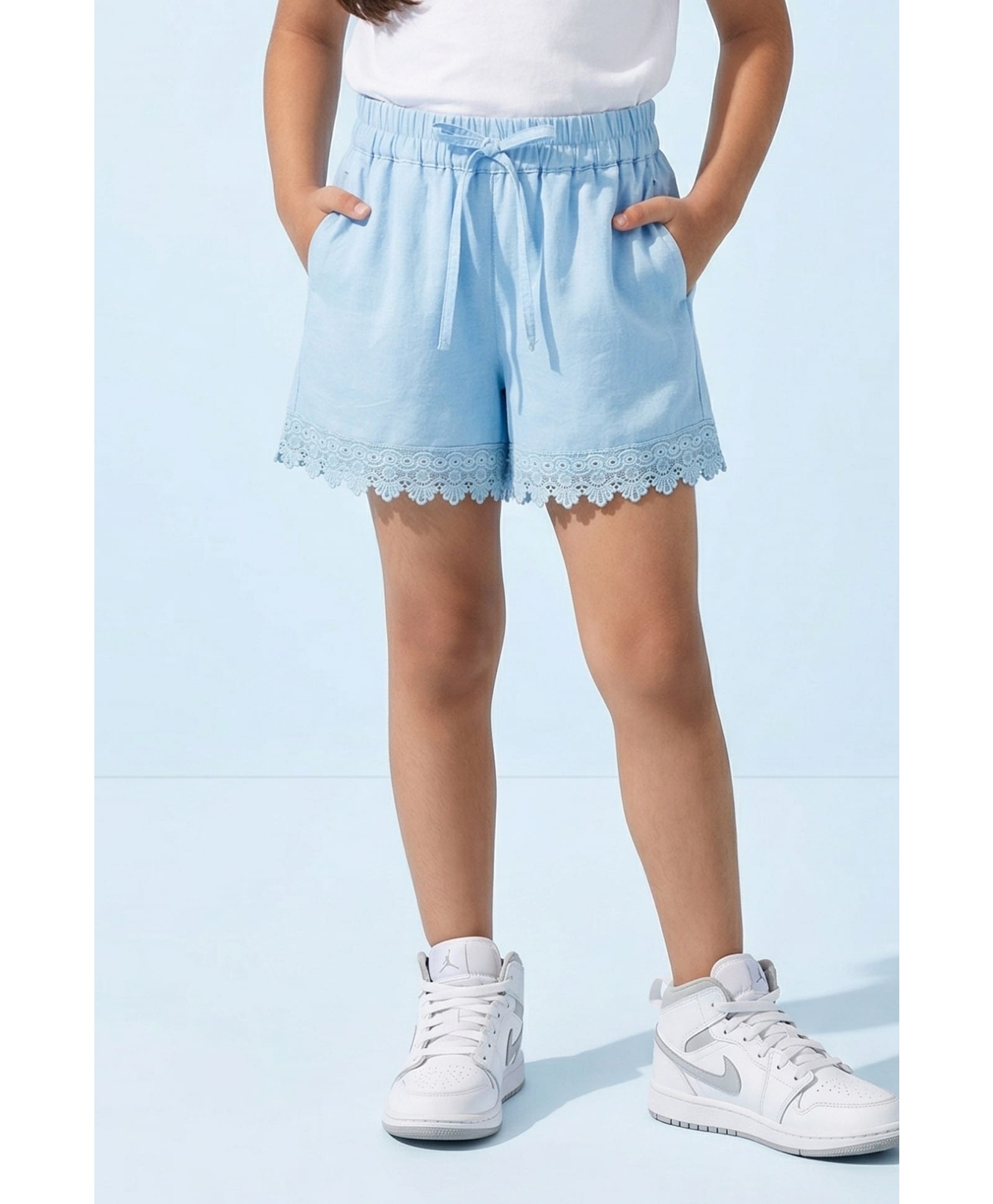 Tiny Girl Woven Lace Embellished & Tie Up Detailed Shorts - Powder Blue-image-48