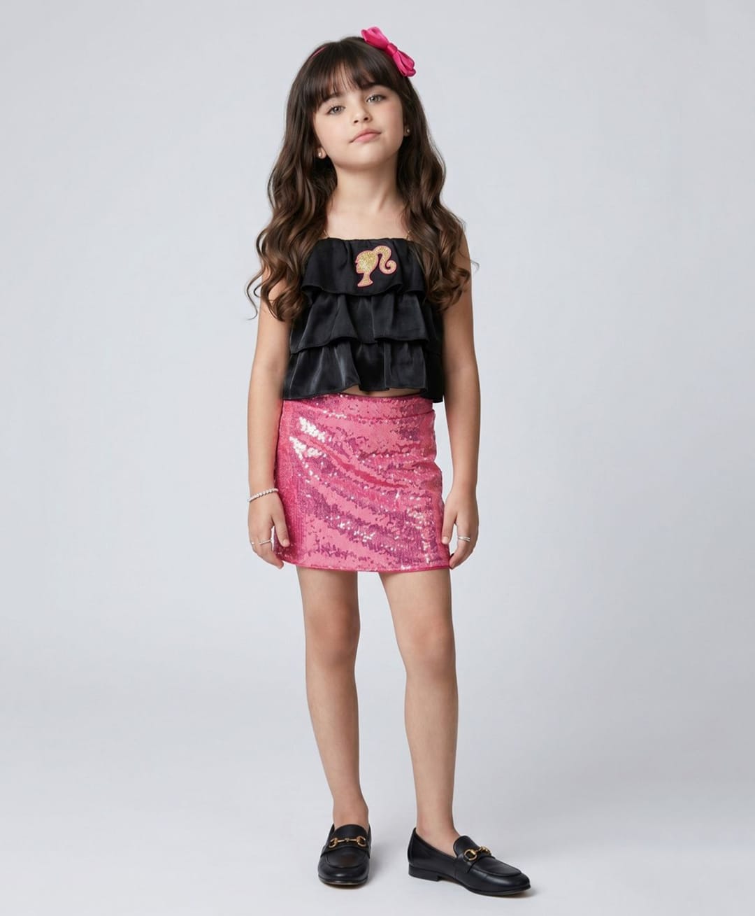 Barbie by Tiny Girl Woven Mattel Featuring Sleeveless Barbie Logo Embellished Layered Top & Skirt Set - Black-picture-27