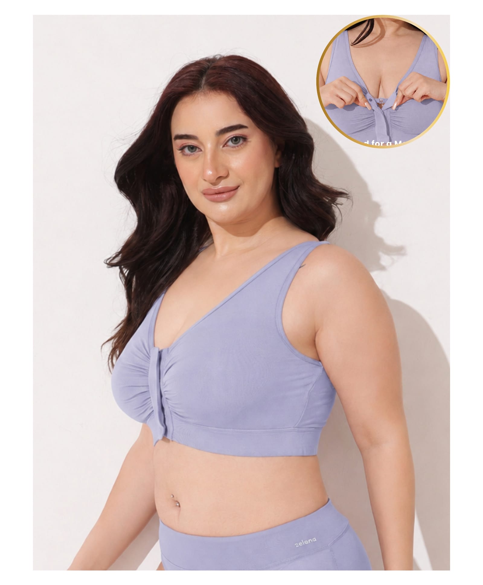 Zelena 92% Modal 8% Spandex Knit Solid Maternity Bra With Front Open Nursing Access - Medium Blue-image-43