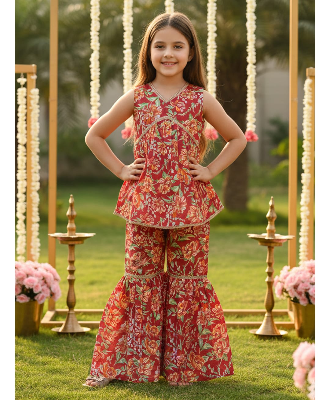 Cutiekins Cotton Woven Sleeveless Gota Lace Embellished & Floral Printed Coordinating Kurti Sharara Set - Maroon & Orange-picture-29