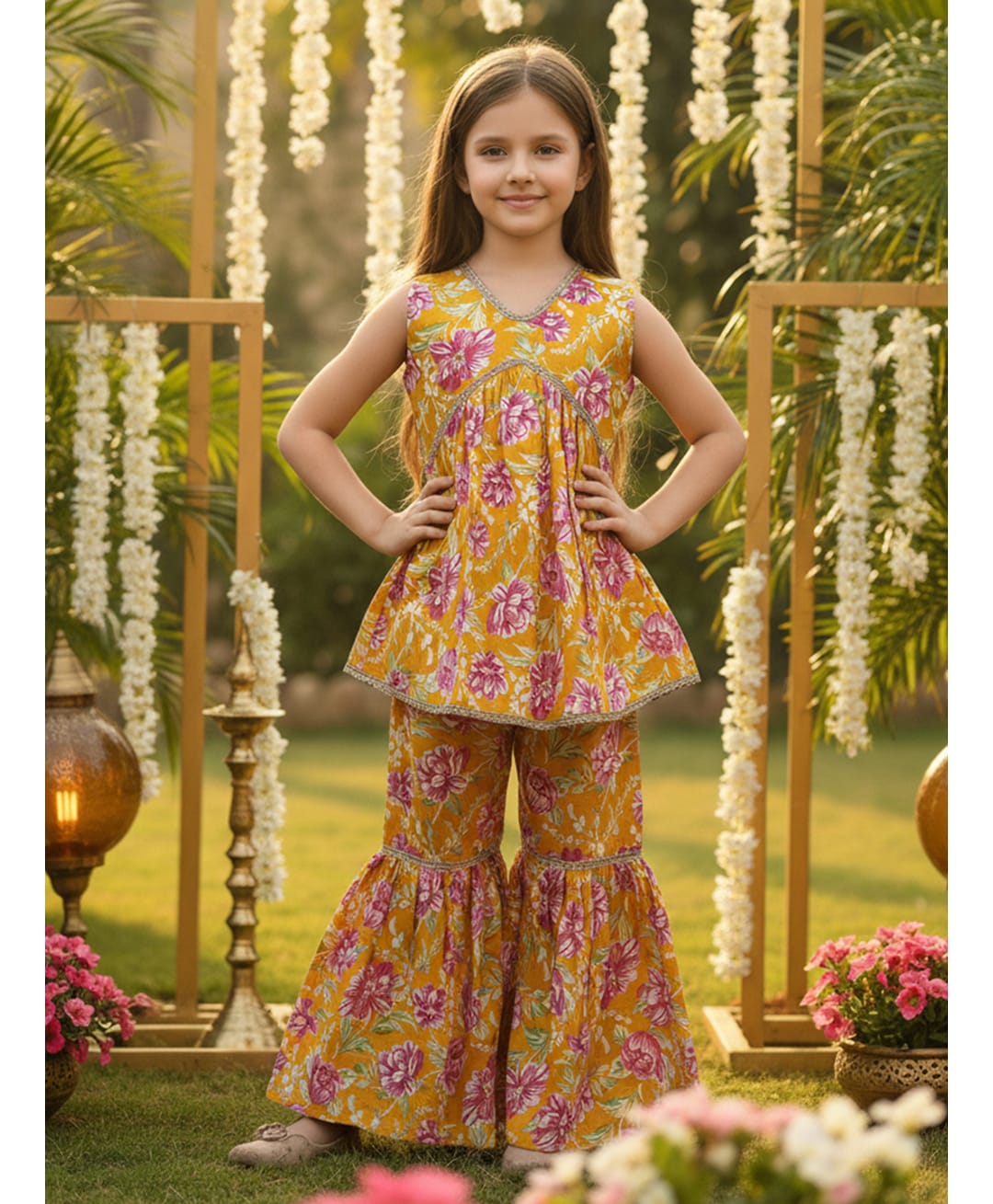 Cutiekins Cotton Woven Sleeveless Gota Lace Embellished & Floral Printed Coordinating Kurti Sharara Set - Mustard & Pink-picture-33