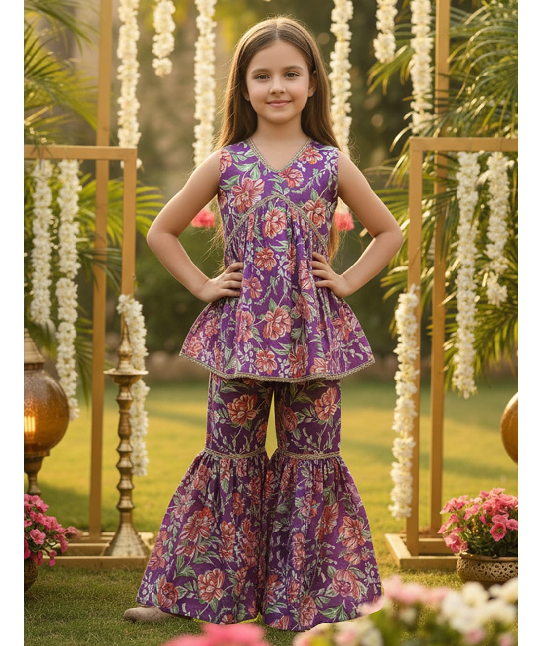 Cutiekins Cotton Woven Sleeveless Gota Lace Embellished & Floral Printed Coordinating Kurti Sharara Set - Purple & Orange-picture-30