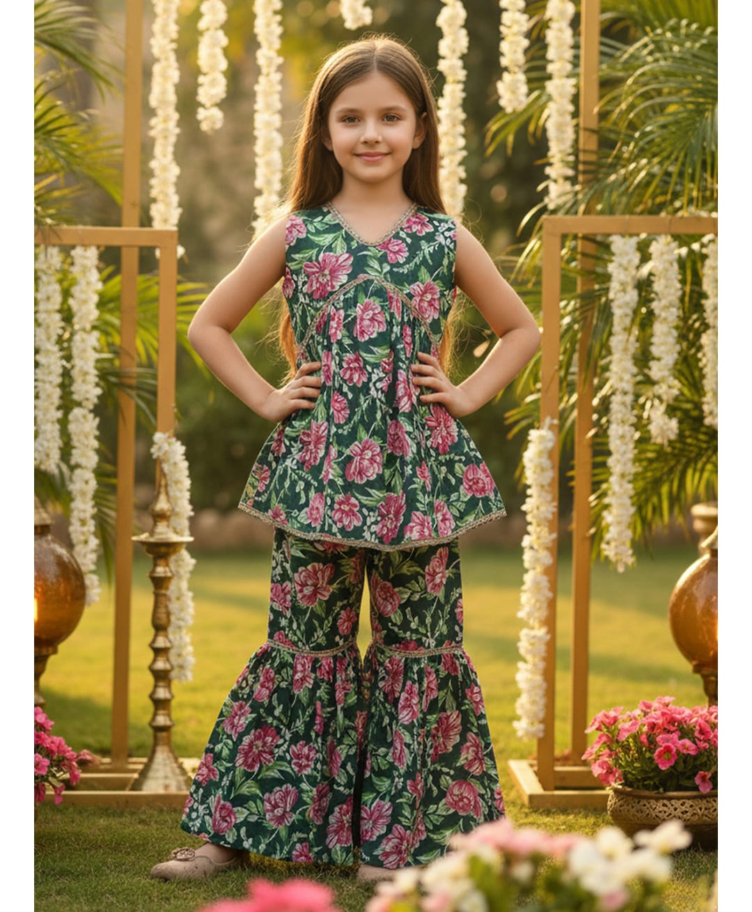 Cutiekins Cotton Woven Sleeveless Gota Lace Embellished & Floral Printed Coordinating Kurti Sharara Set - Dark Green & Pink-image-6