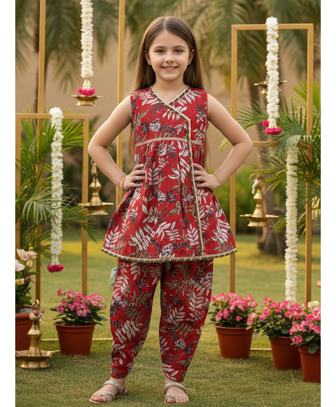 Cutiekins Cotton Woven Sleeveless Gota Lace Embellished & Floral Printed Coordinating Dhoti Kurti Set - Red & Off White-image-19