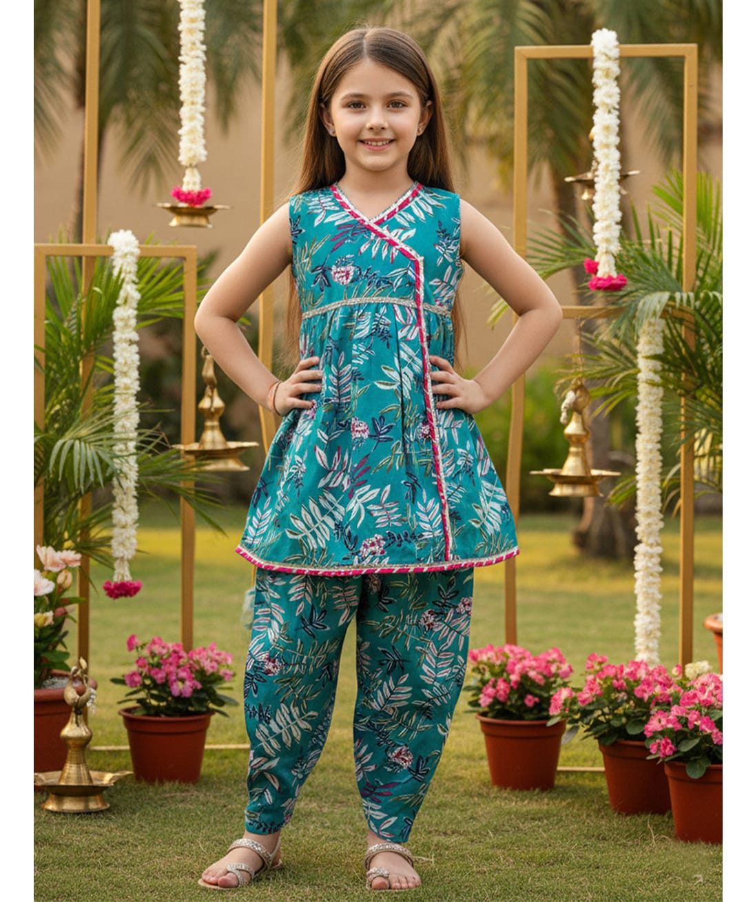 Cutiekins Cotton Woven Sleeveless Gota Lace Embellished & Floral Printed Coordinating Dhoti Kurti Set - Teal Blue & Off White-picture-36