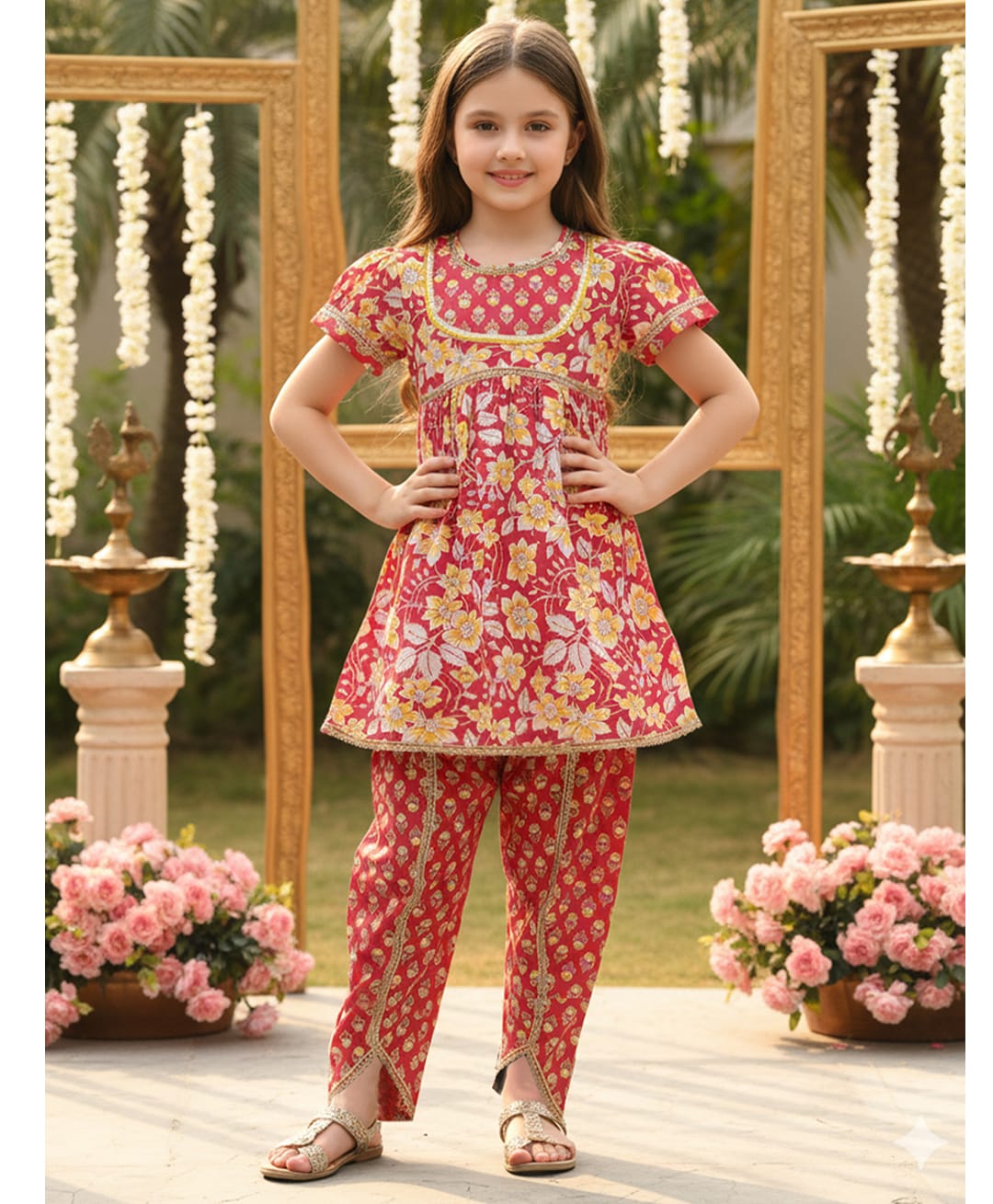 Cutiekins Cotton Woven Half Puffed Sleeves Gota Lace Embellished & Floral Printed Coordinating Dhoti Kurti Set - Red & Yellow-image-34